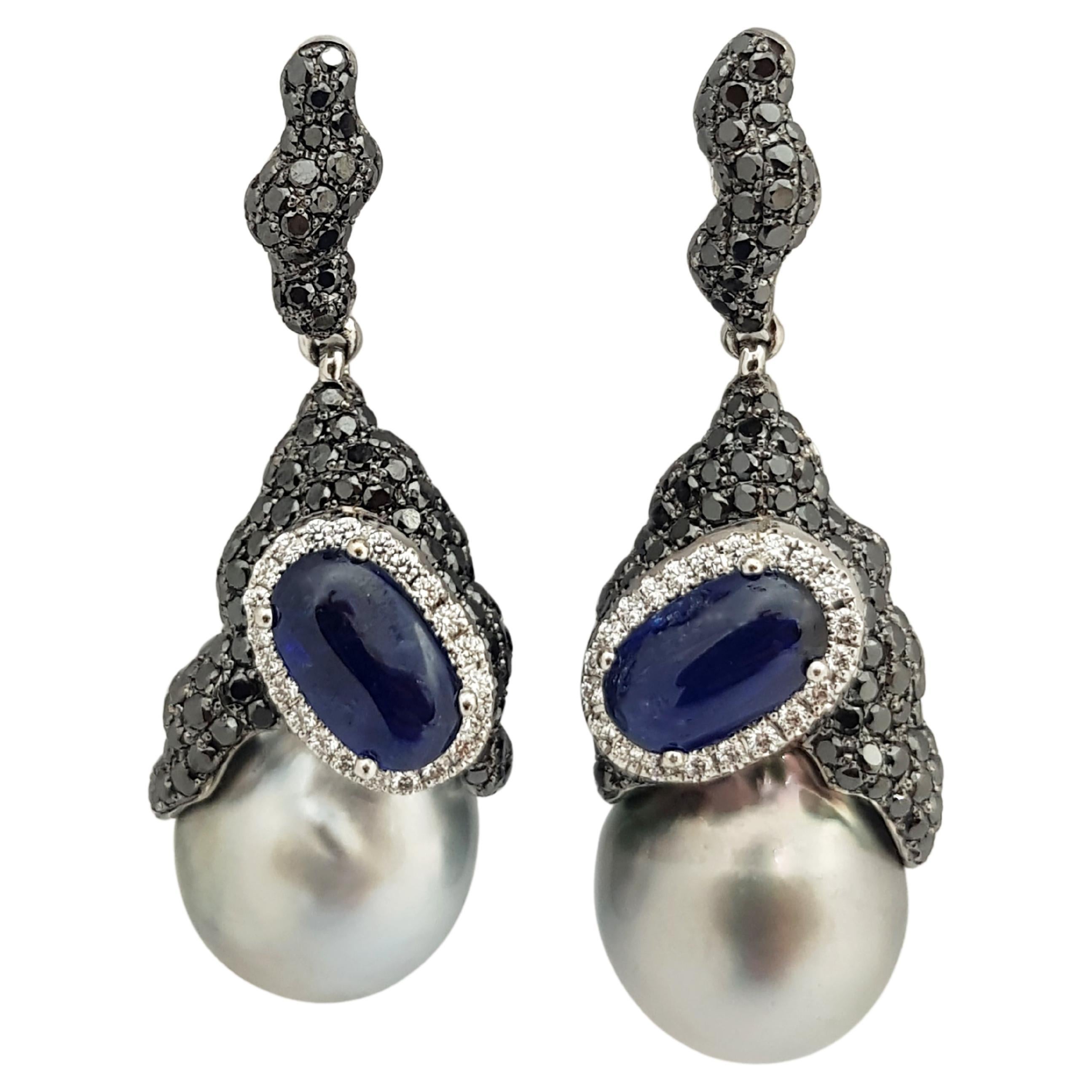 South Sea Pearl, Blue Sapphire, Black Diamond Earrings in 18 Karat White Gold