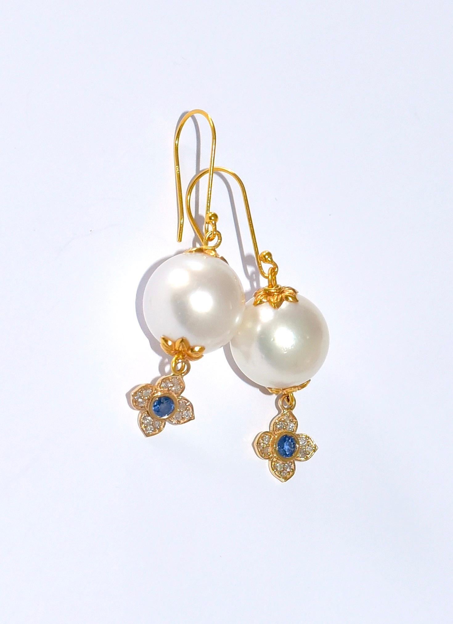 Round Cut South Sea Pearl, Blue Sapphire, Diamond Earrings in 14/18 Solid Yellow Gold For Sale