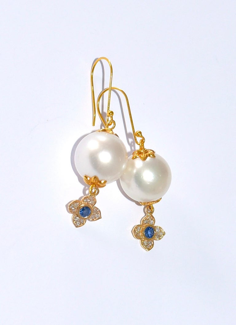 South Sea Pearl, Blue Sapphire, Diamond Earrings in 14/18 Solid Yellow Gold In New Condition For Sale In Astoria, NY