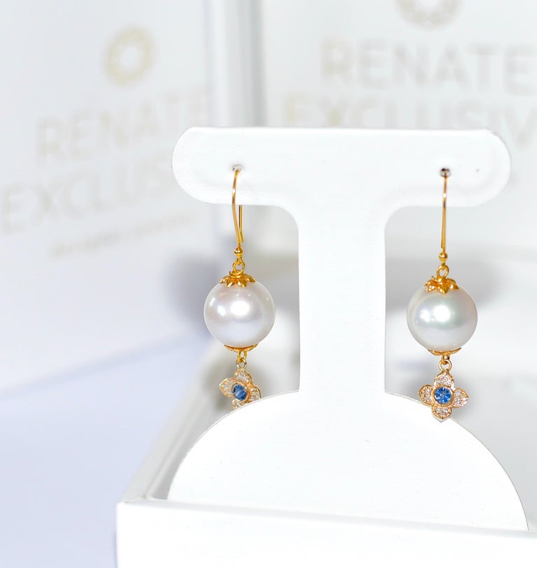 Artisan South Sea Pearl, Blue Sapphire, Diamond Earrings in 14/18 Solid Yellow Gold For Sale