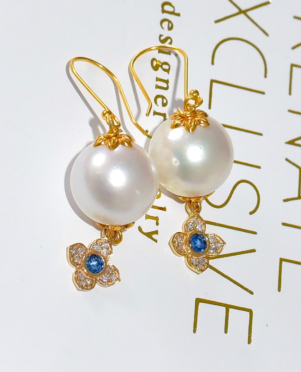 South Sea Pearl, Blue Sapphire, Diamond Earrings in 14/18 Solid Yellow Gold In New Condition For Sale In Astoria, NY