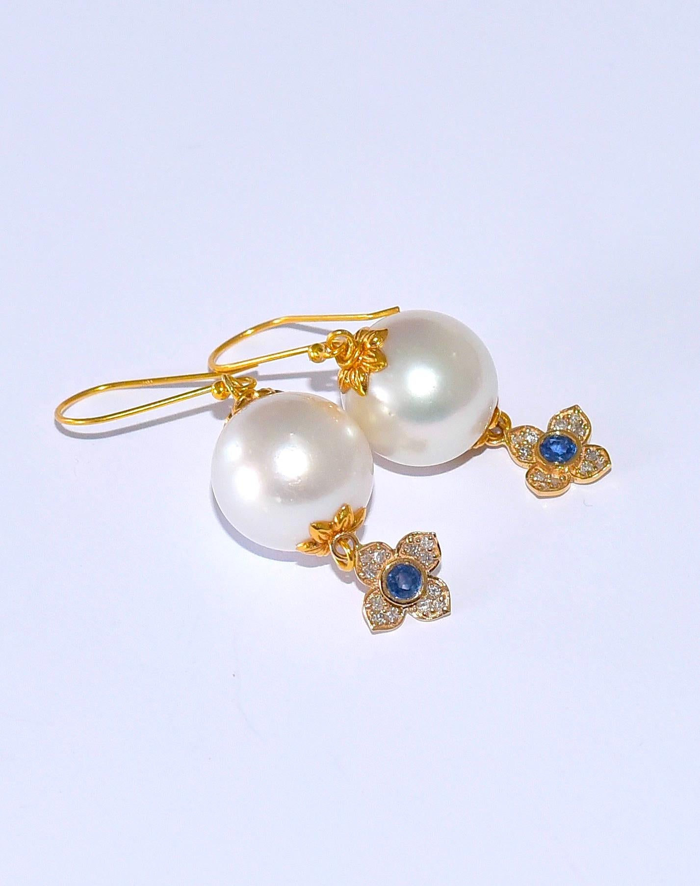 Women's South Sea Pearl, Blue Sapphire, Diamond Earrings in 14/18 Solid Yellow Gold For Sale