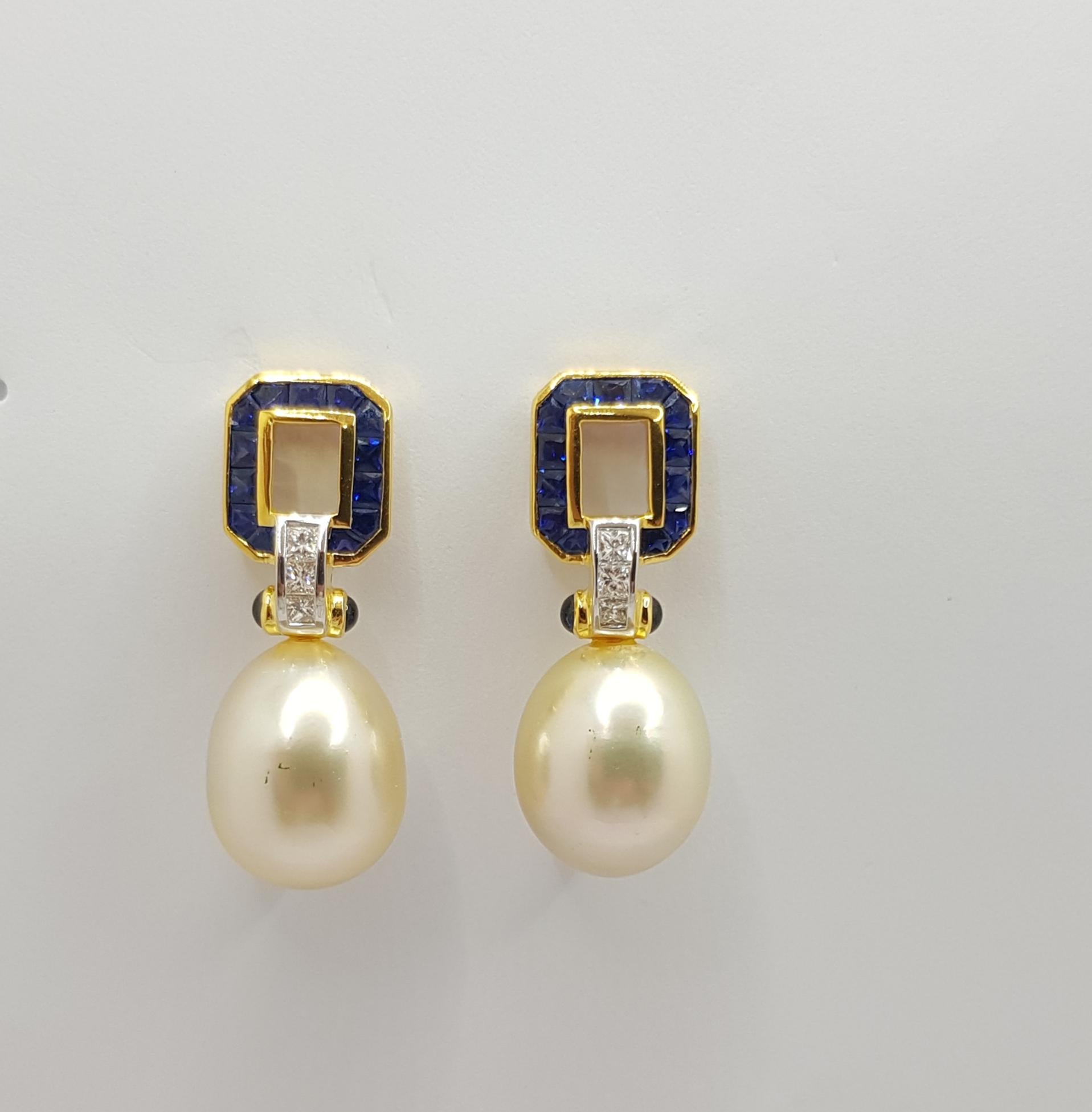 Contemporary South Sea Pearl, Blue Sapphire, Diamond Earrings Set in 18 Karat Gold Settings For Sale