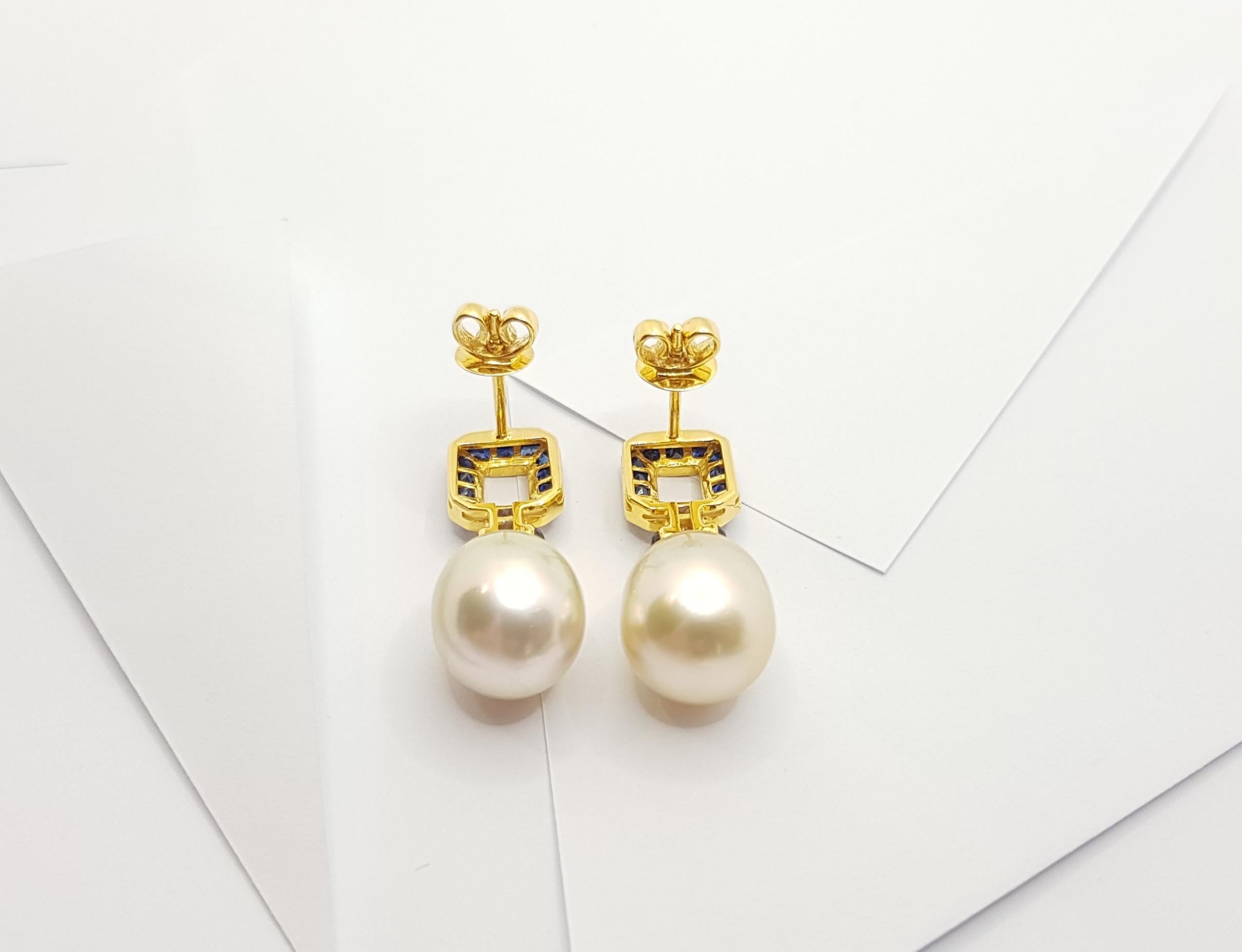 Women's South Sea Pearl, Blue Sapphire, Diamond Earrings Set in 18 Karat Gold Settings For Sale