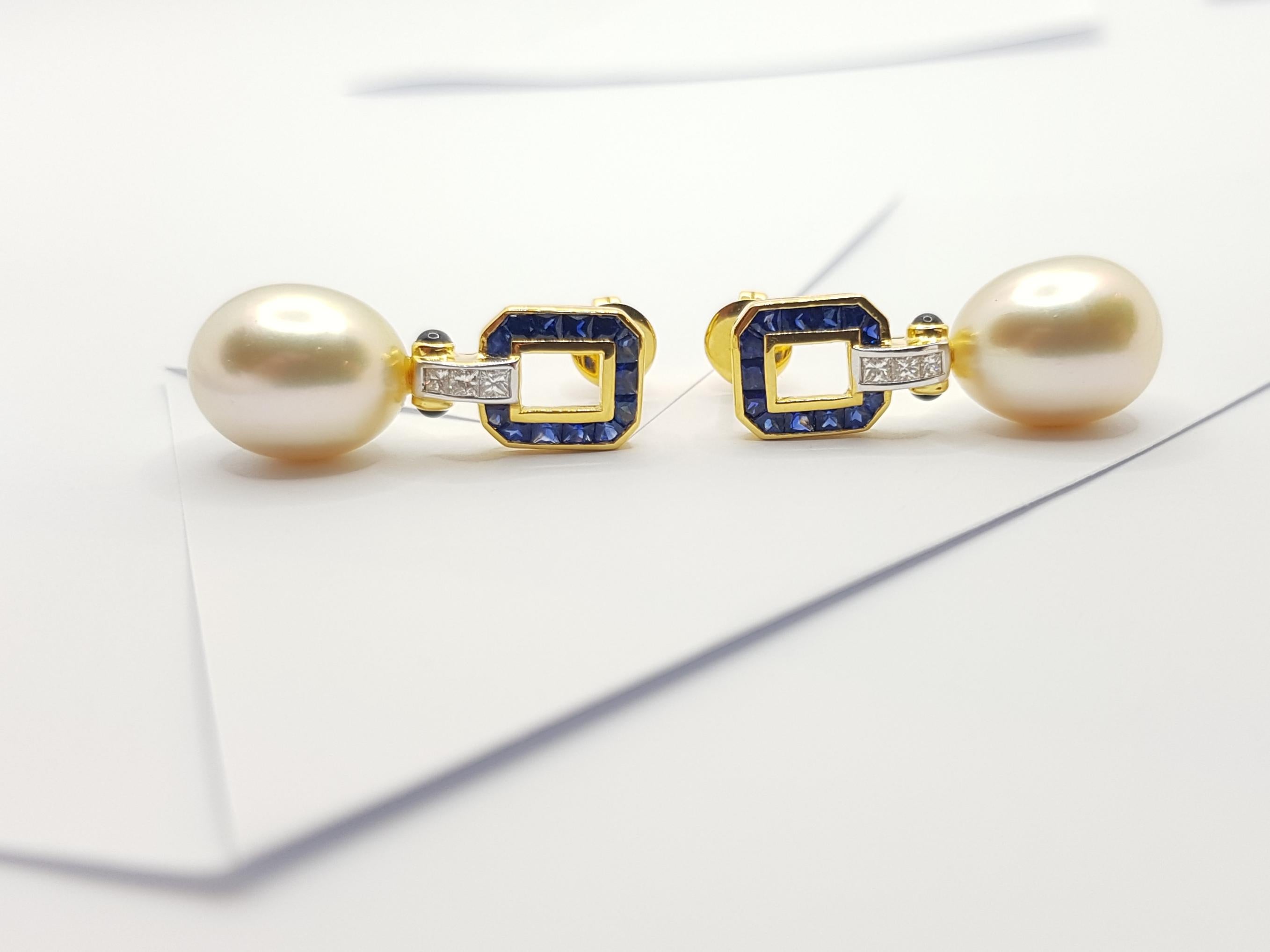 South Sea Pearl, Blue Sapphire, Diamond Earrings Set in 18 Karat Gold Settings For Sale 1