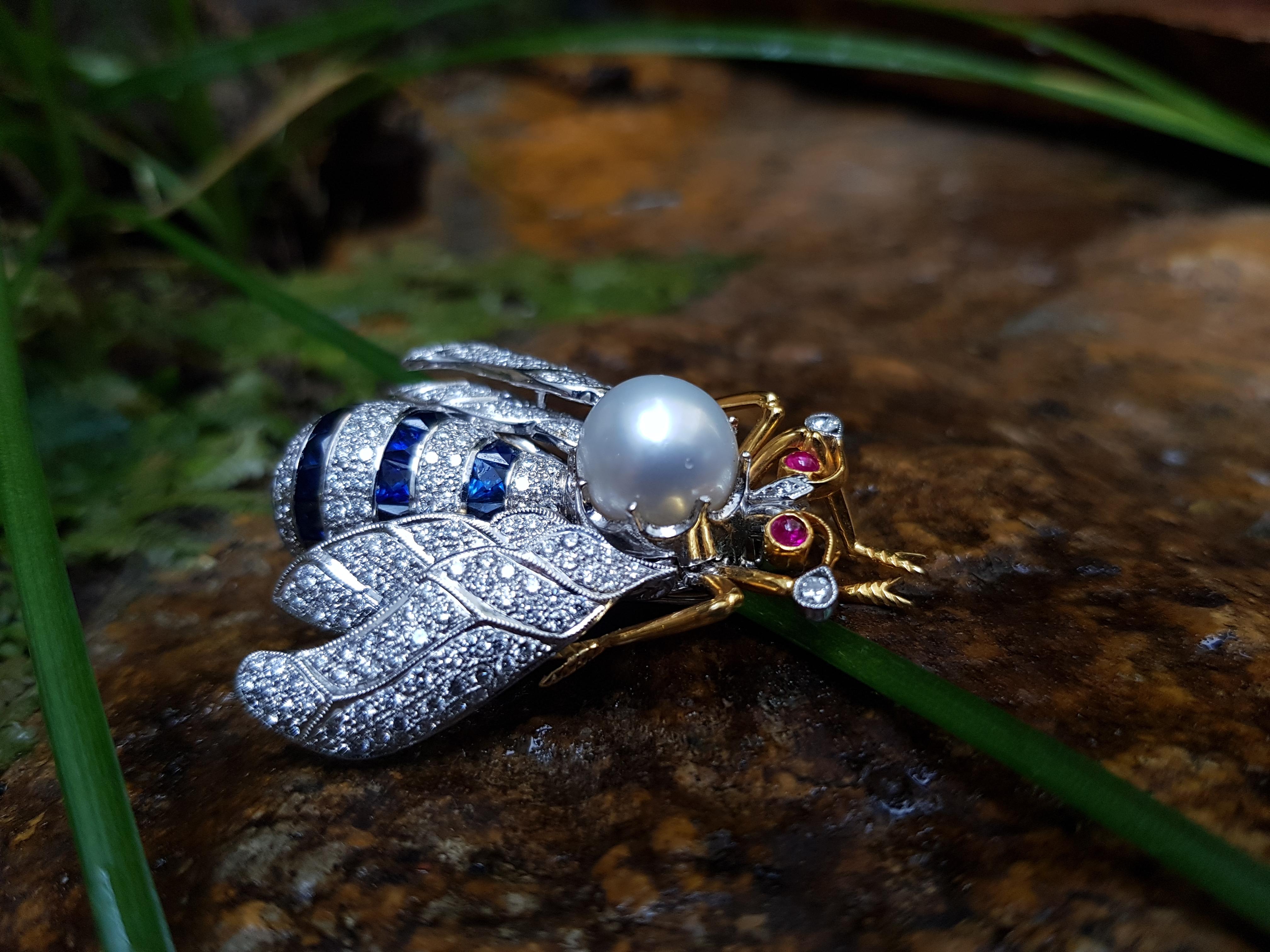 Princess Cut South Sea Pearl, Blue Sapphire, Diamond, Ruby Bee Brooch Set in 18 Karat For Sale