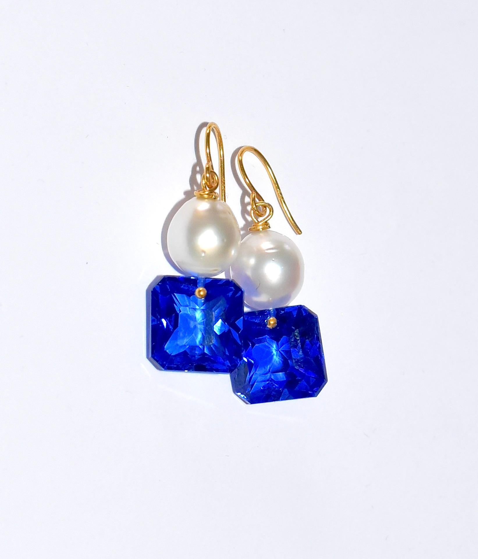 Modern South Sea Pearl, Blue Sapphire Earrings in 14K Solid Yellow Gold