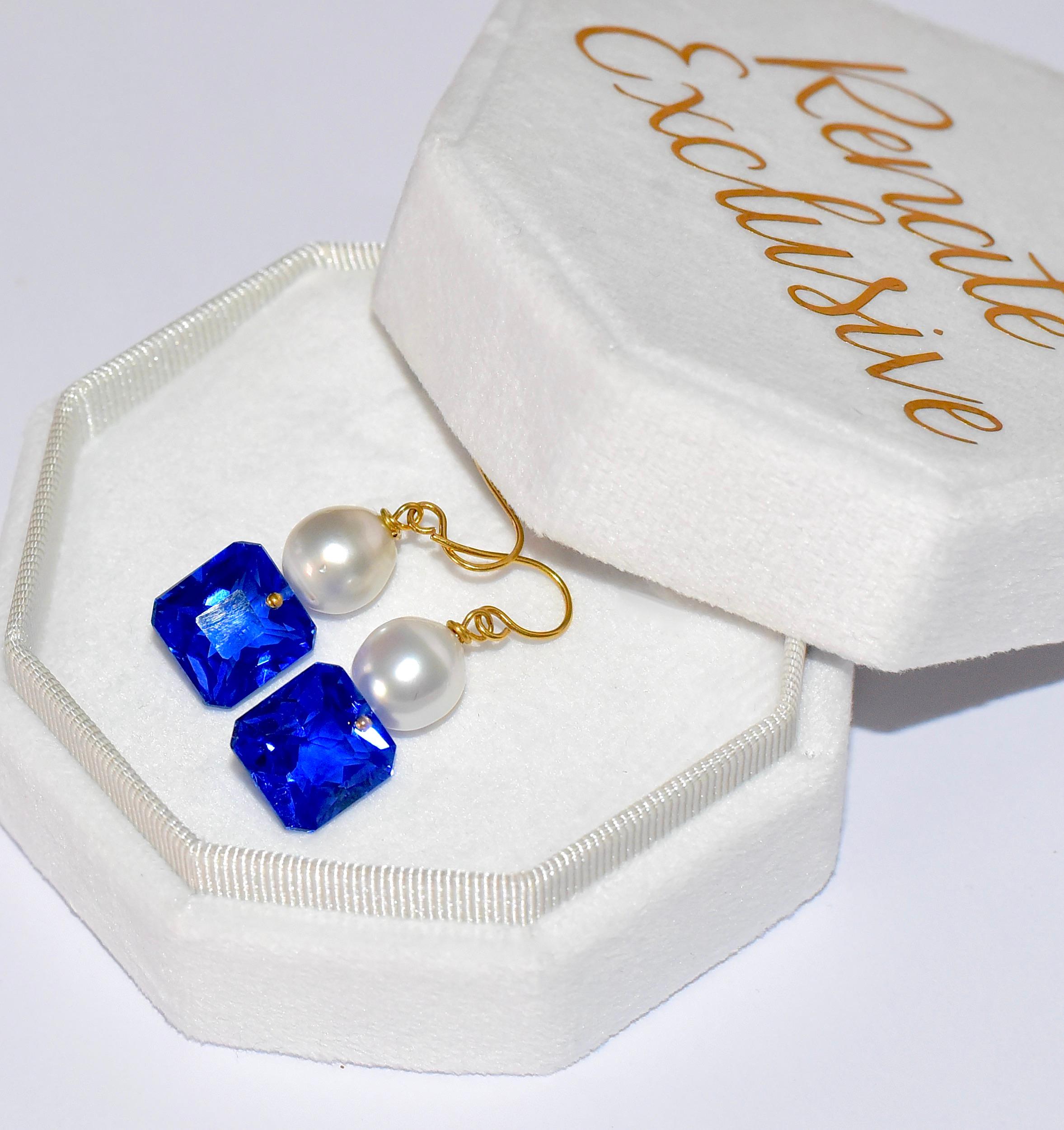 Baguette Cut South Sea Pearl, Blue Sapphire Earrings in 14K Solid Yellow Gold