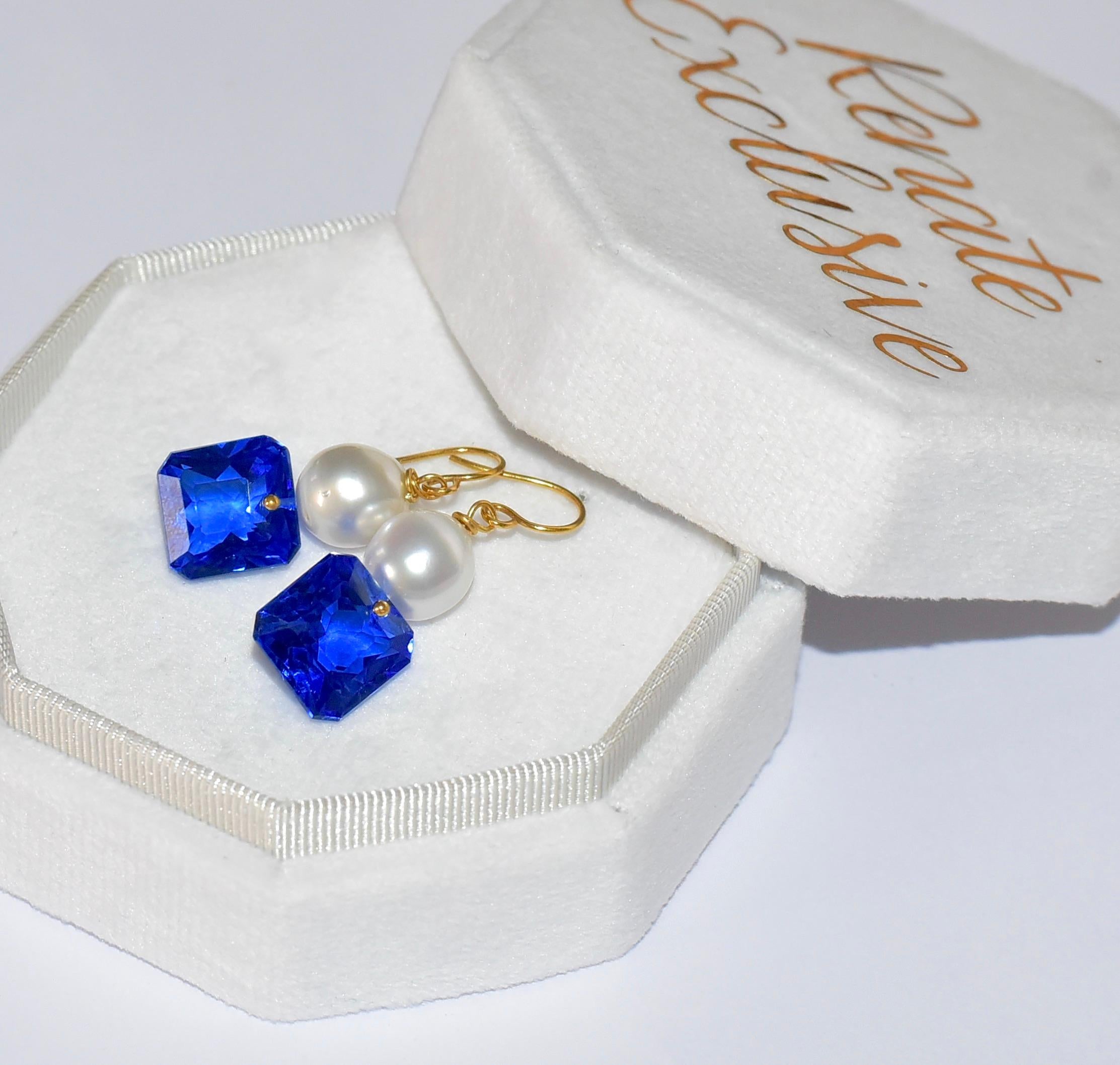 South Sea Pearl, Blue Sapphire Earrings in 14K Solid Yellow Gold In New Condition In Astoria, NY
