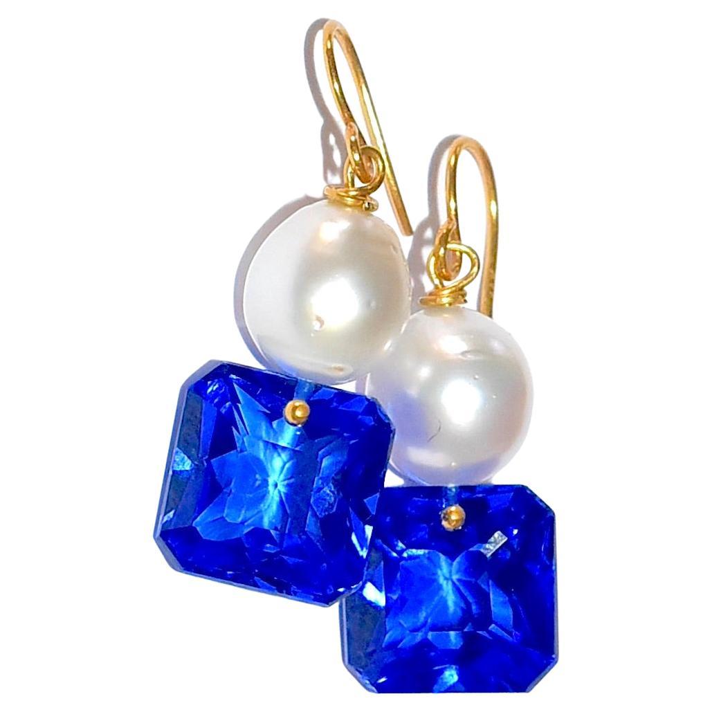 South Sea Pearl, Blue Sapphire Earrings in 14K Solid Yellow Gold