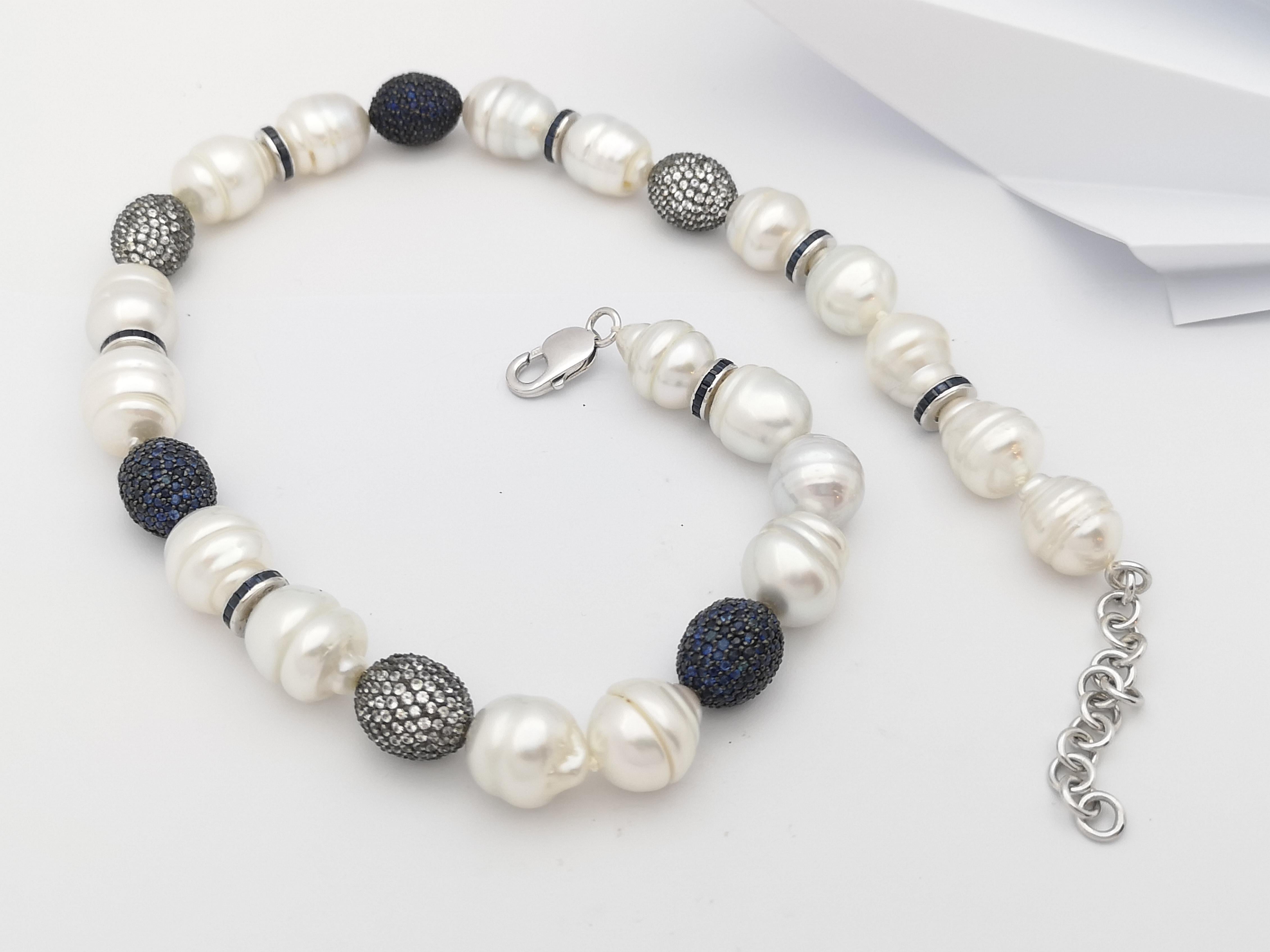 South Sea Pearl, Blue Sapphire, White Sapphire Necklace set in Silver For Sale 4