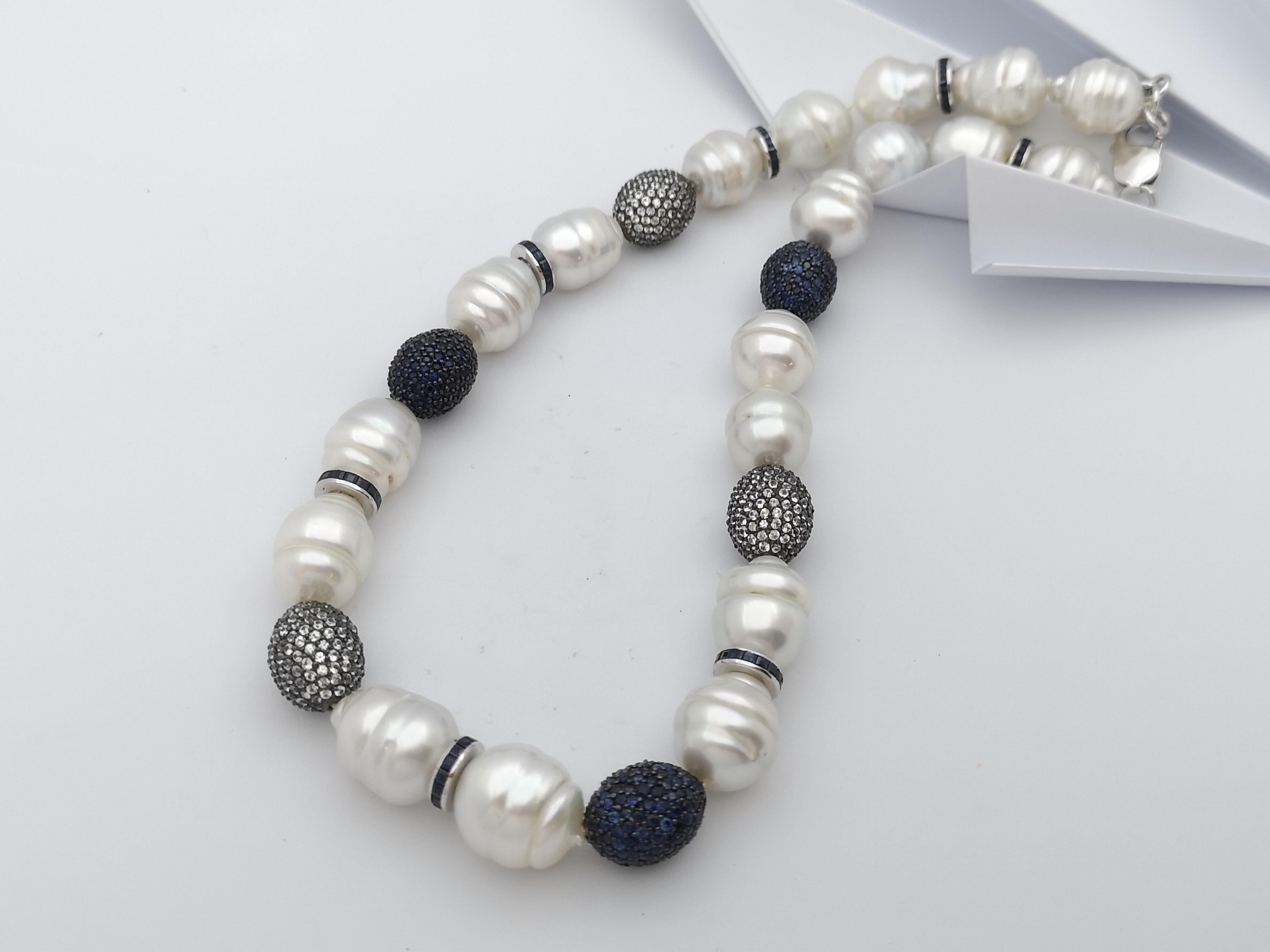 South Sea Pearl, Blue Sapphire, White Sapphire Necklace set in Silver For Sale 5