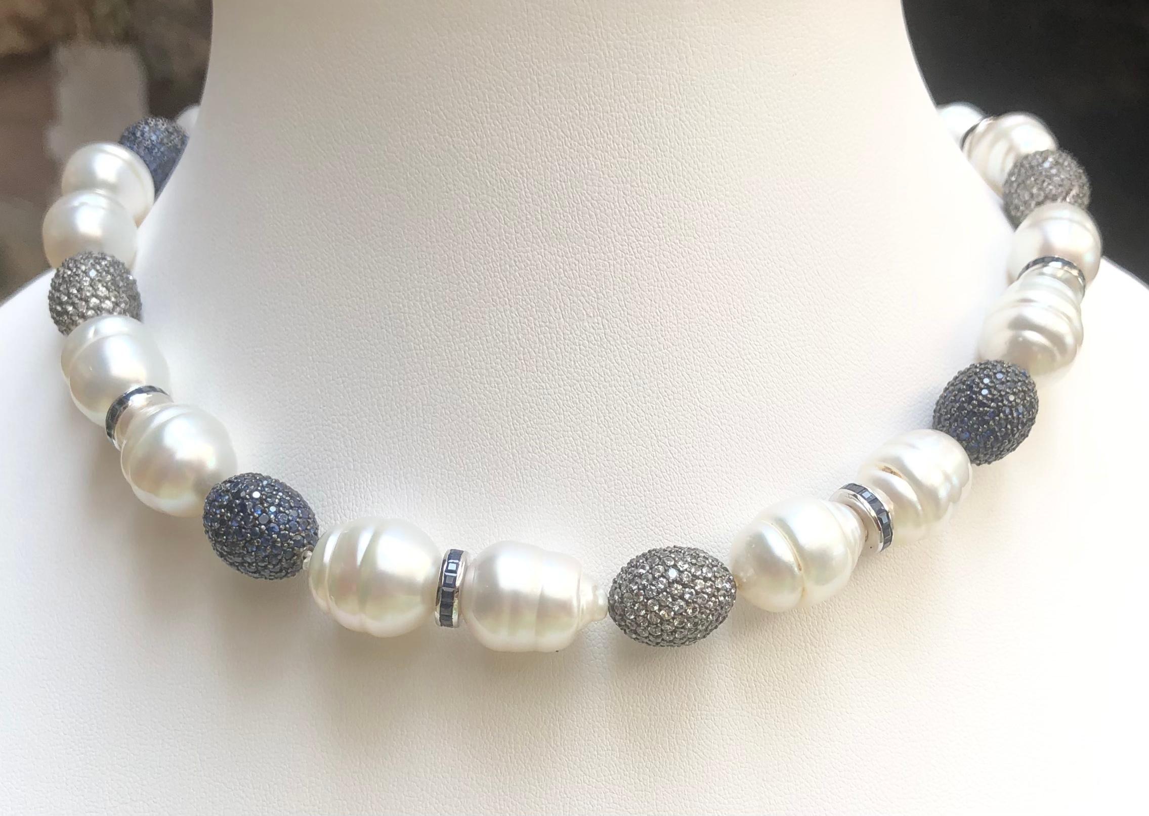 Contemporary South Sea Pearl, Blue Sapphire, White Sapphire Necklace set in Silver For Sale