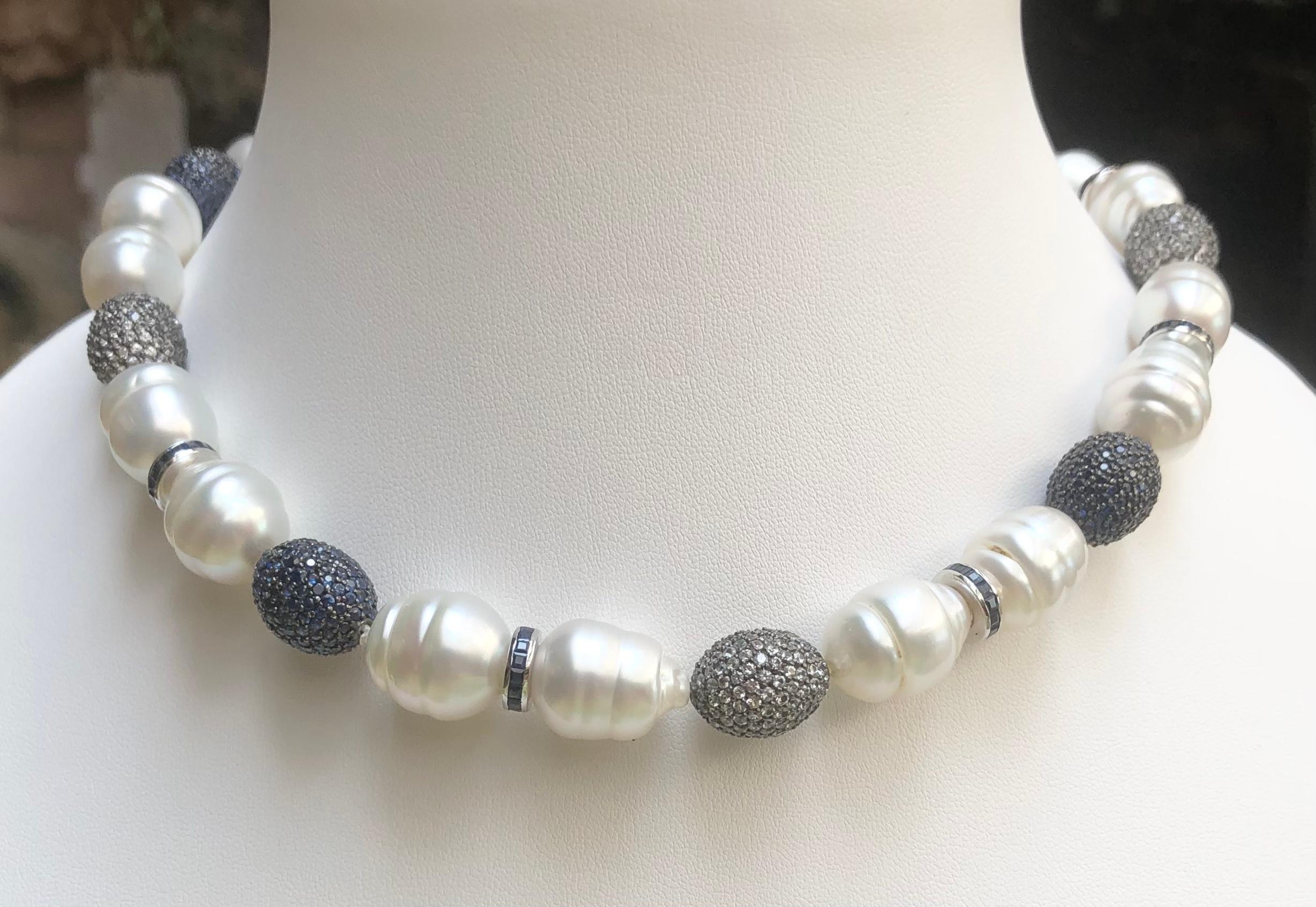 Uncut South Sea Pearl, Blue Sapphire, White Sapphire Necklace set in Silver For Sale