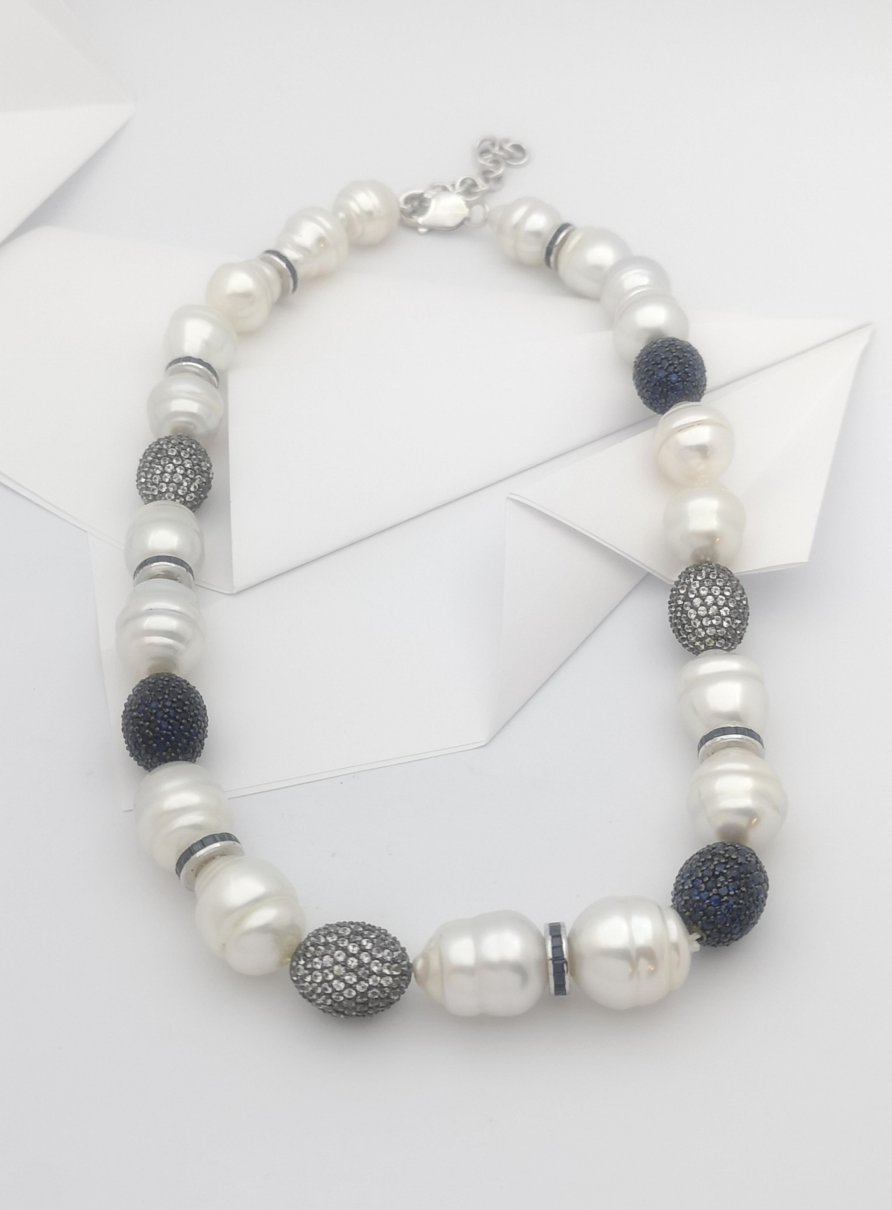 South Sea Pearl, Blue Sapphire, White Sapphire Necklace set in Silver In New Condition For Sale In Dusit, 10