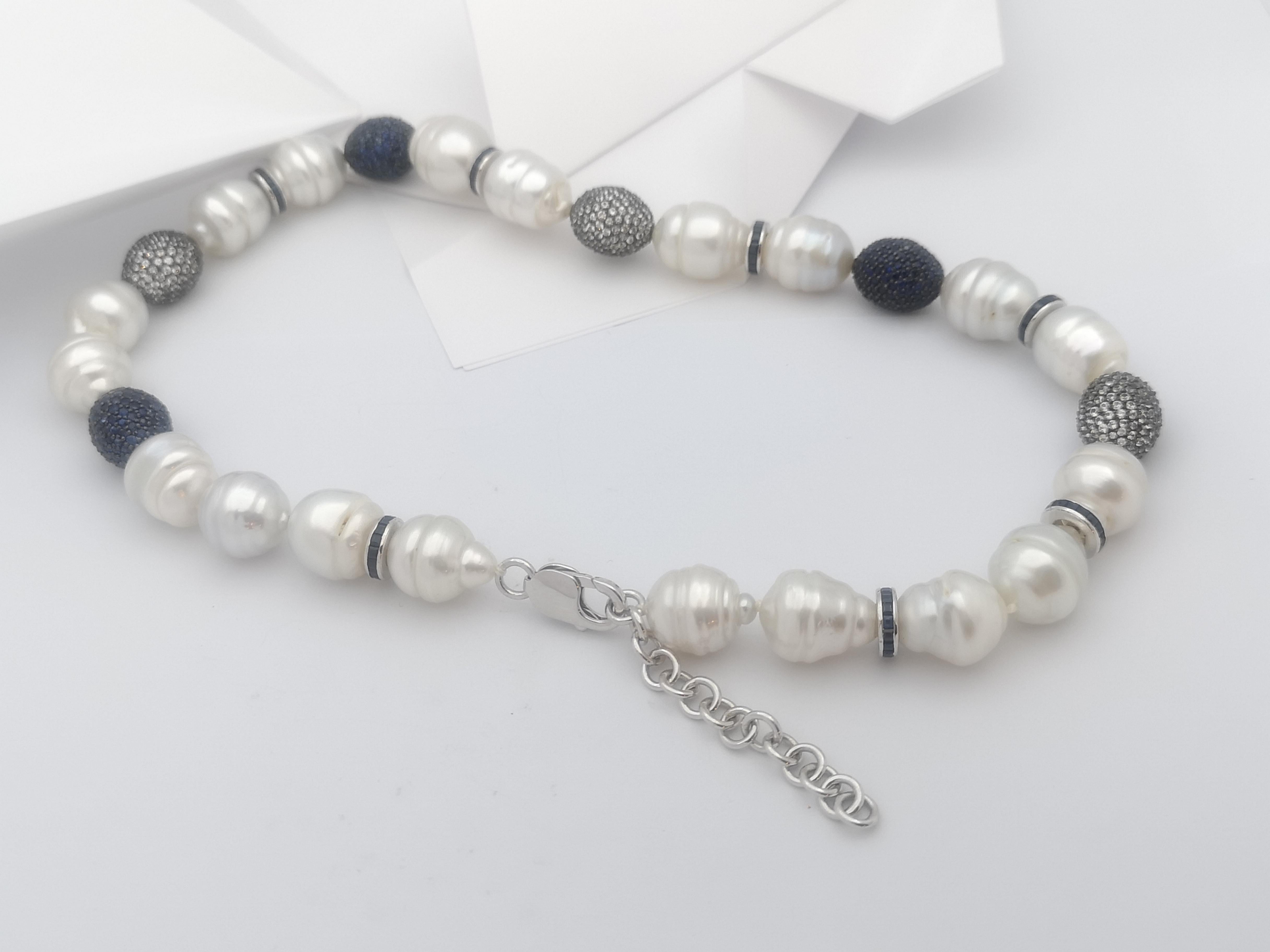 Women's or Men's South Sea Pearl, Blue Sapphire, White Sapphire Necklace set in Silver For Sale