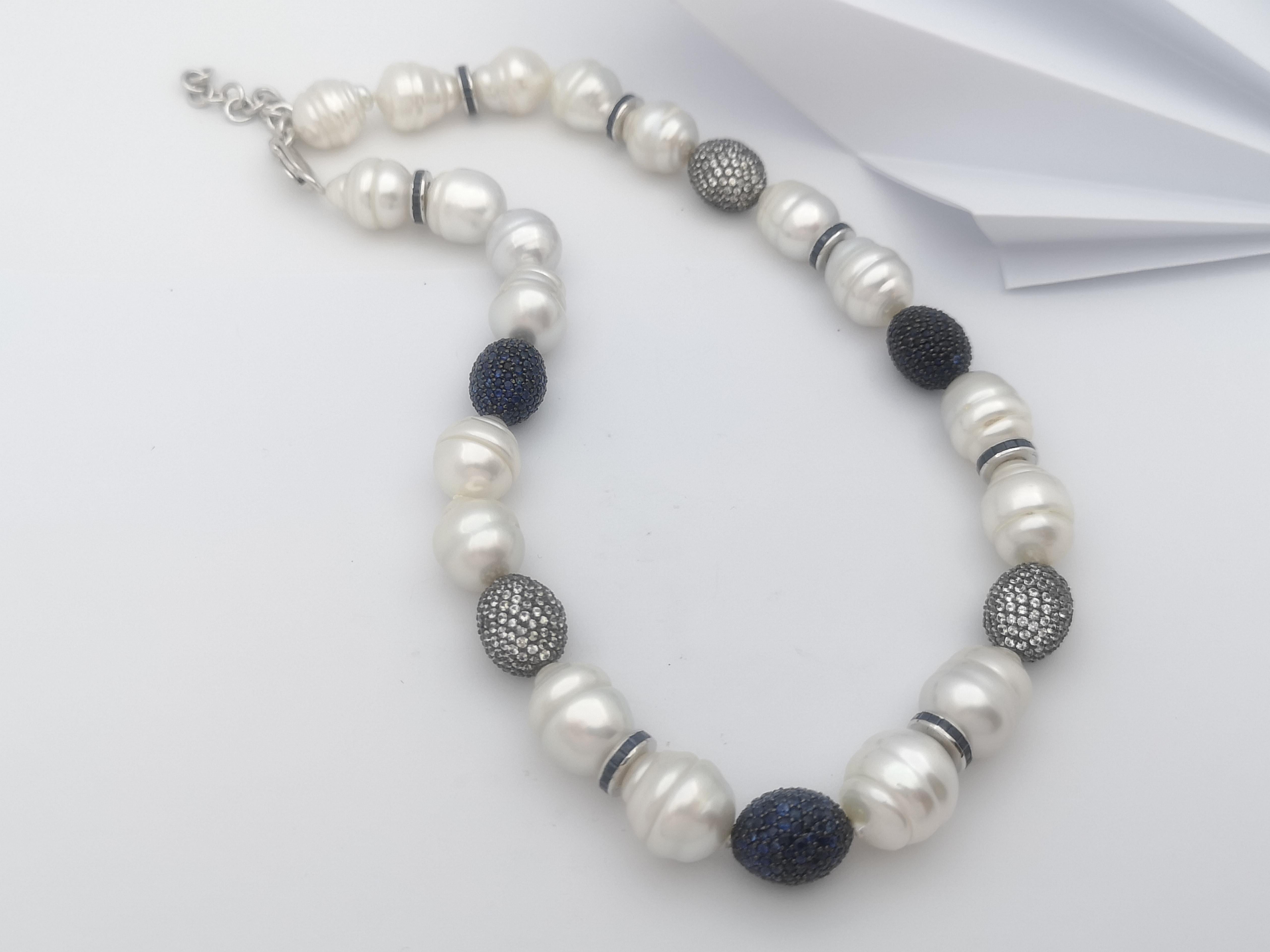 South Sea Pearl, Blue Sapphire, White Sapphire Necklace set in Silver For Sale 1