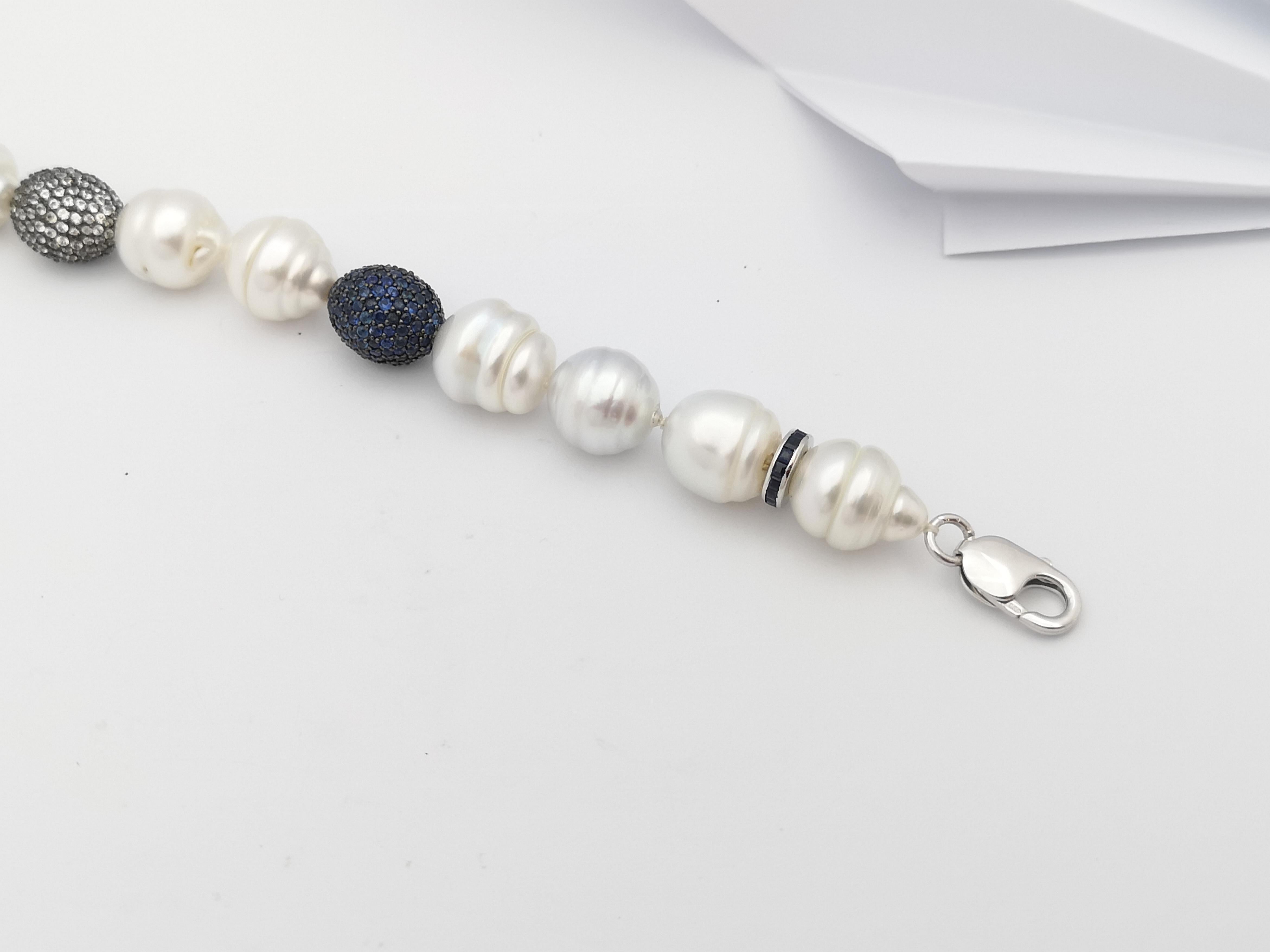 South Sea Pearl, Blue Sapphire, White Sapphire Necklace set in Silver For Sale 2