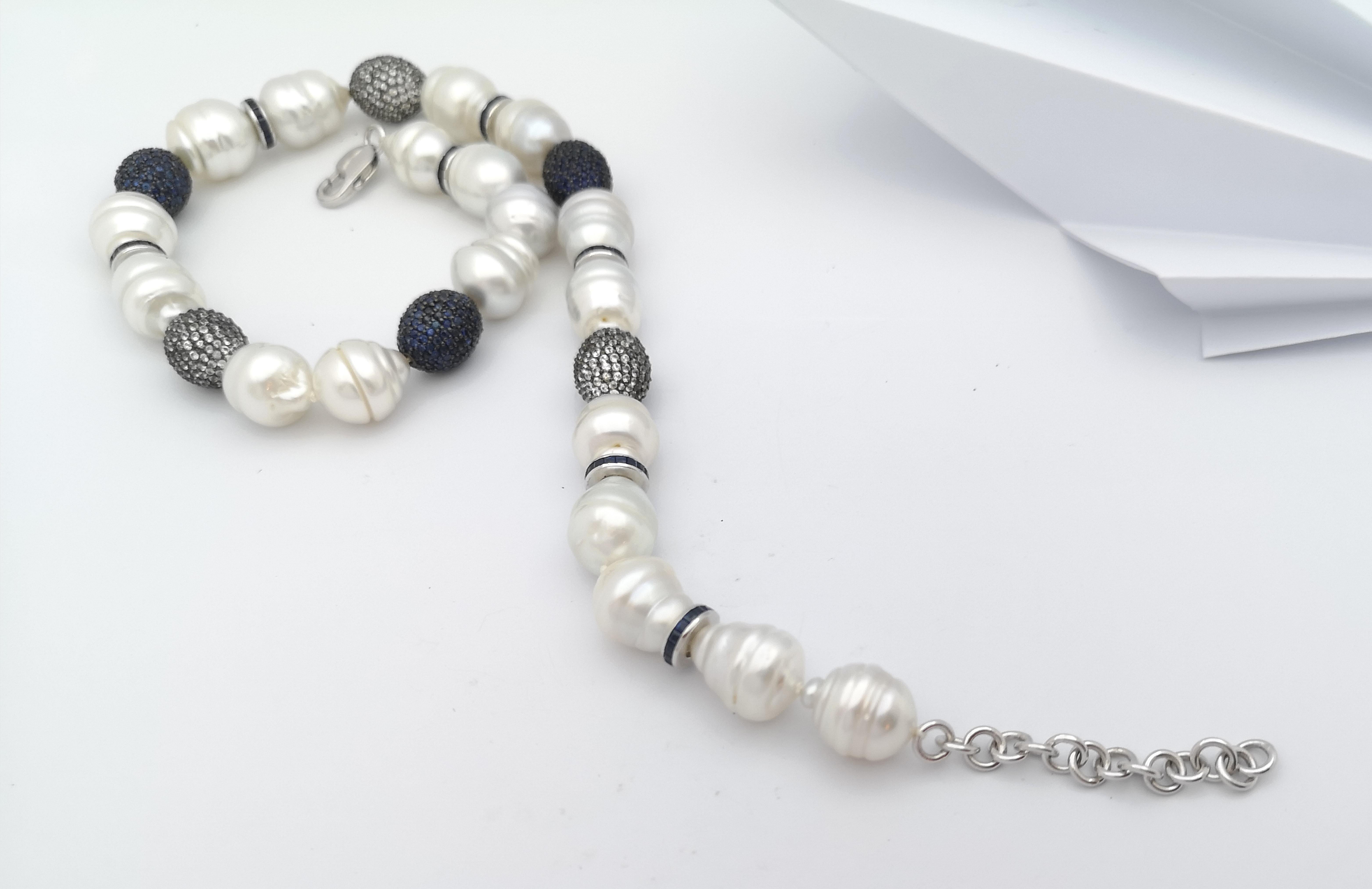 South Sea Pearl, Blue Sapphire, White Sapphire Necklace set in Silver For Sale 3