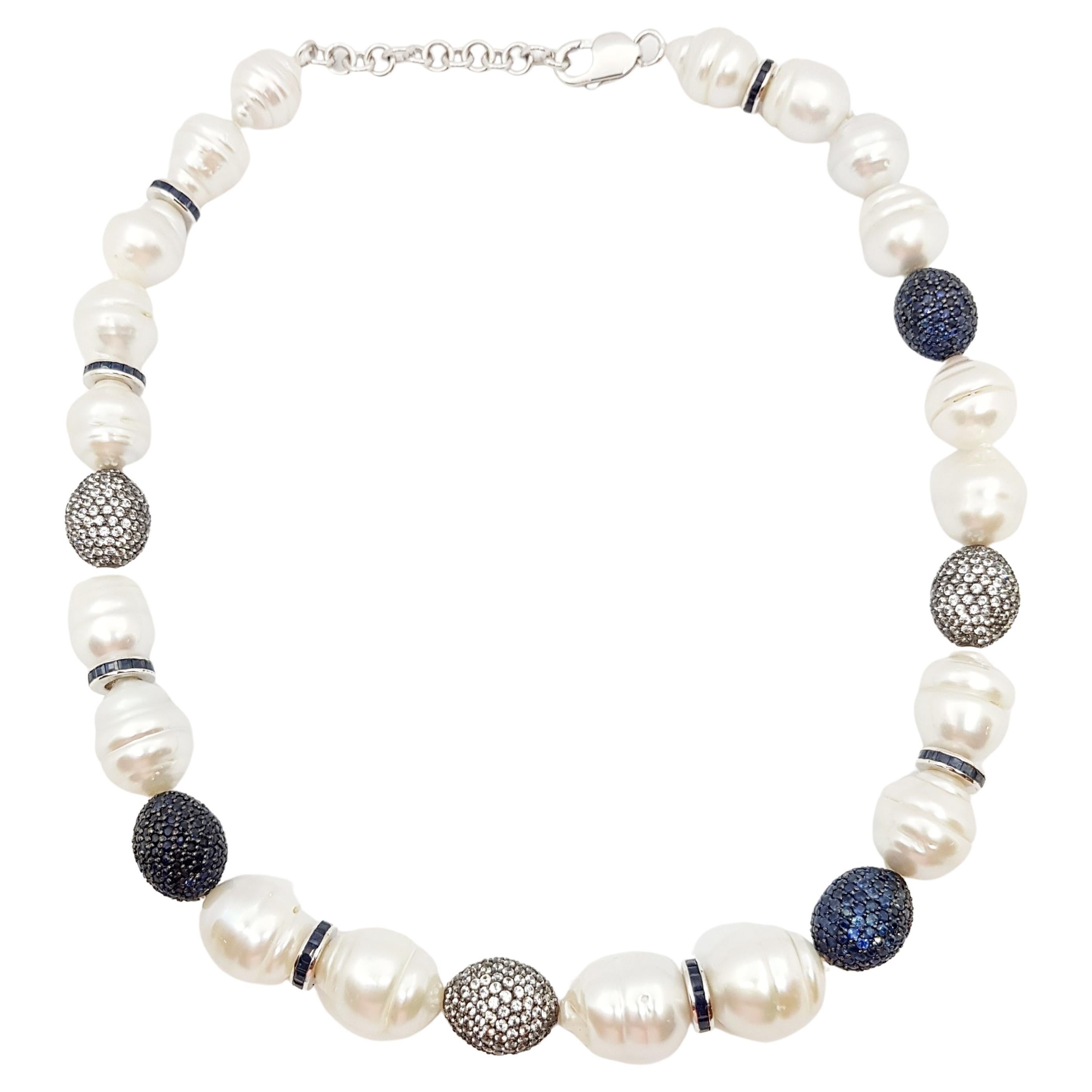 South Sea Pearl, Blue Sapphire, White Sapphire Necklace set in Silver For Sale
