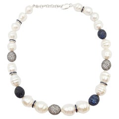 South Sea Pearl, Blue Sapphire, White Sapphire Necklace set in Silver
