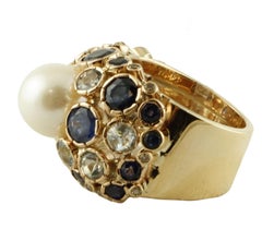 South Sea Pearl, Blue Sapphires, Aquamarine, 14 Karat Yellow Gold Retro Ring