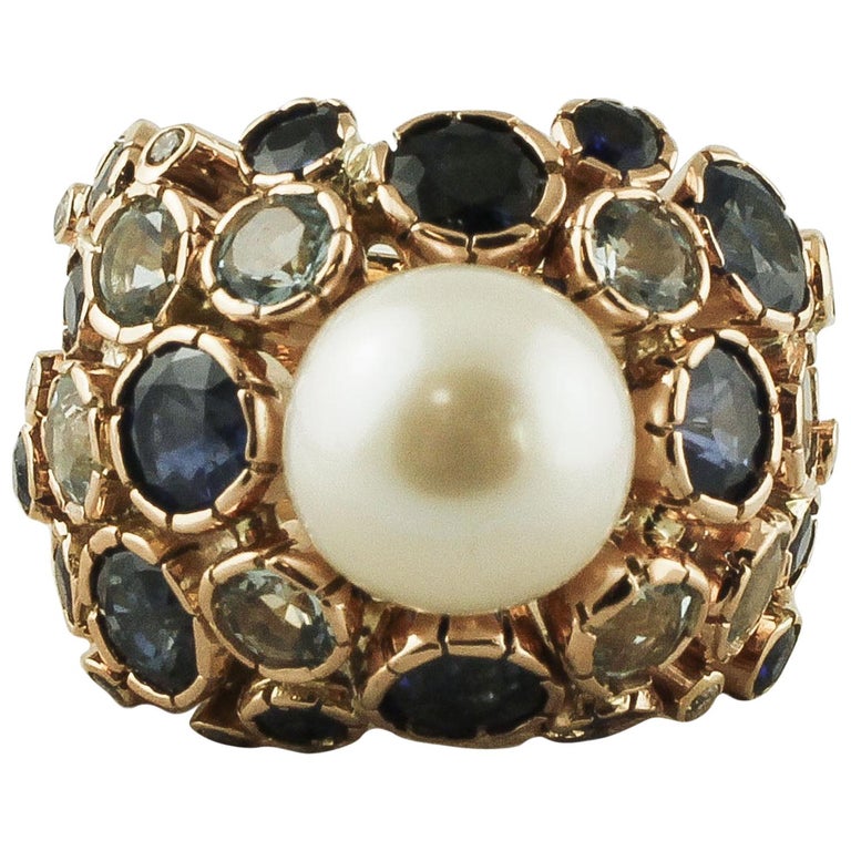 Bague d'occasion or 585 2 tons aigue marine diamants