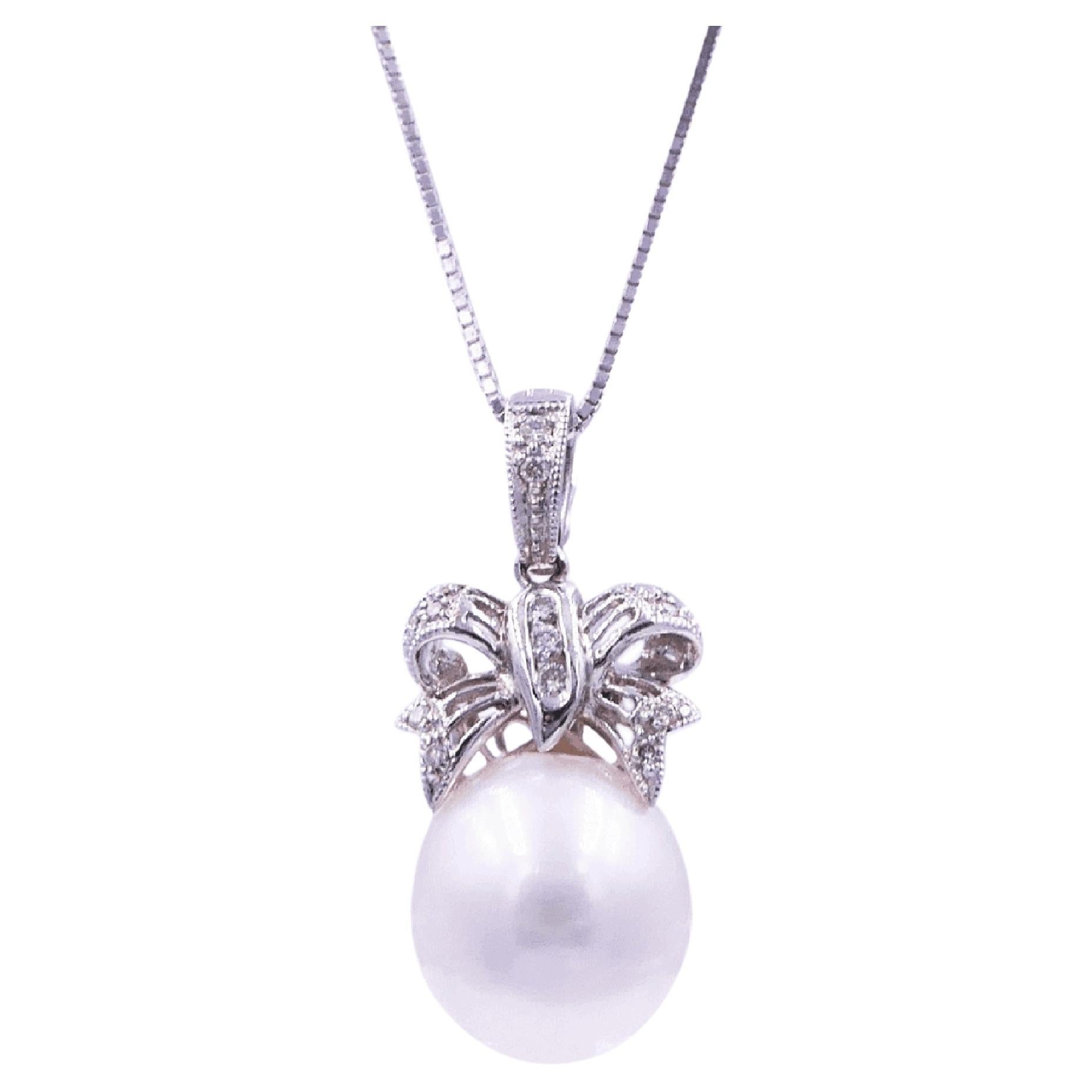 Round White South Sea Pearl Diamond Bowtie 14K White Gold Pendant Charm Necklace