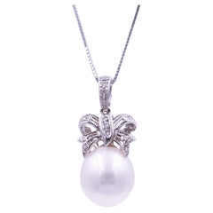 Round White South Sea Pearl Diamond Bowtie 14K White Gold Pendant Charm Necklace