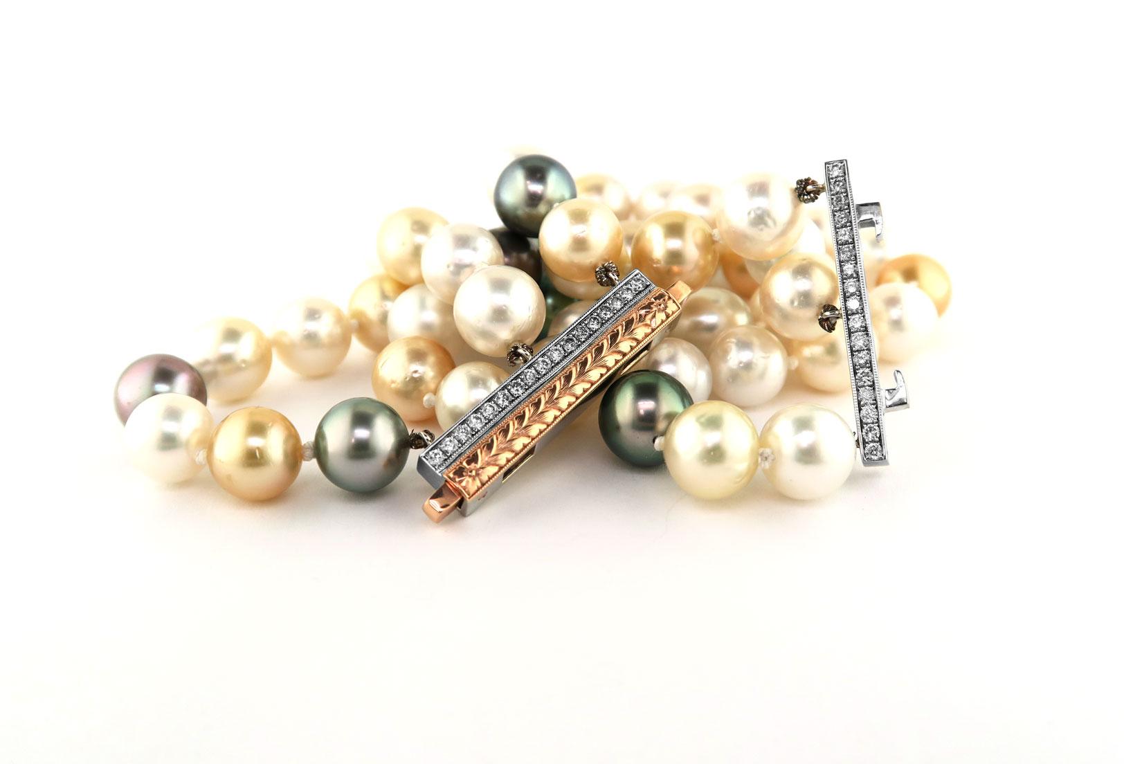 Introducing the 18 Karat White Gold and 18 Karat Rose Gold South Sea Pearl Bracelet, a timeless piece of jewelry that is steeped in tradition and beauty. Pearls have a rich history, with women adorning themselves with these gems as far back as the