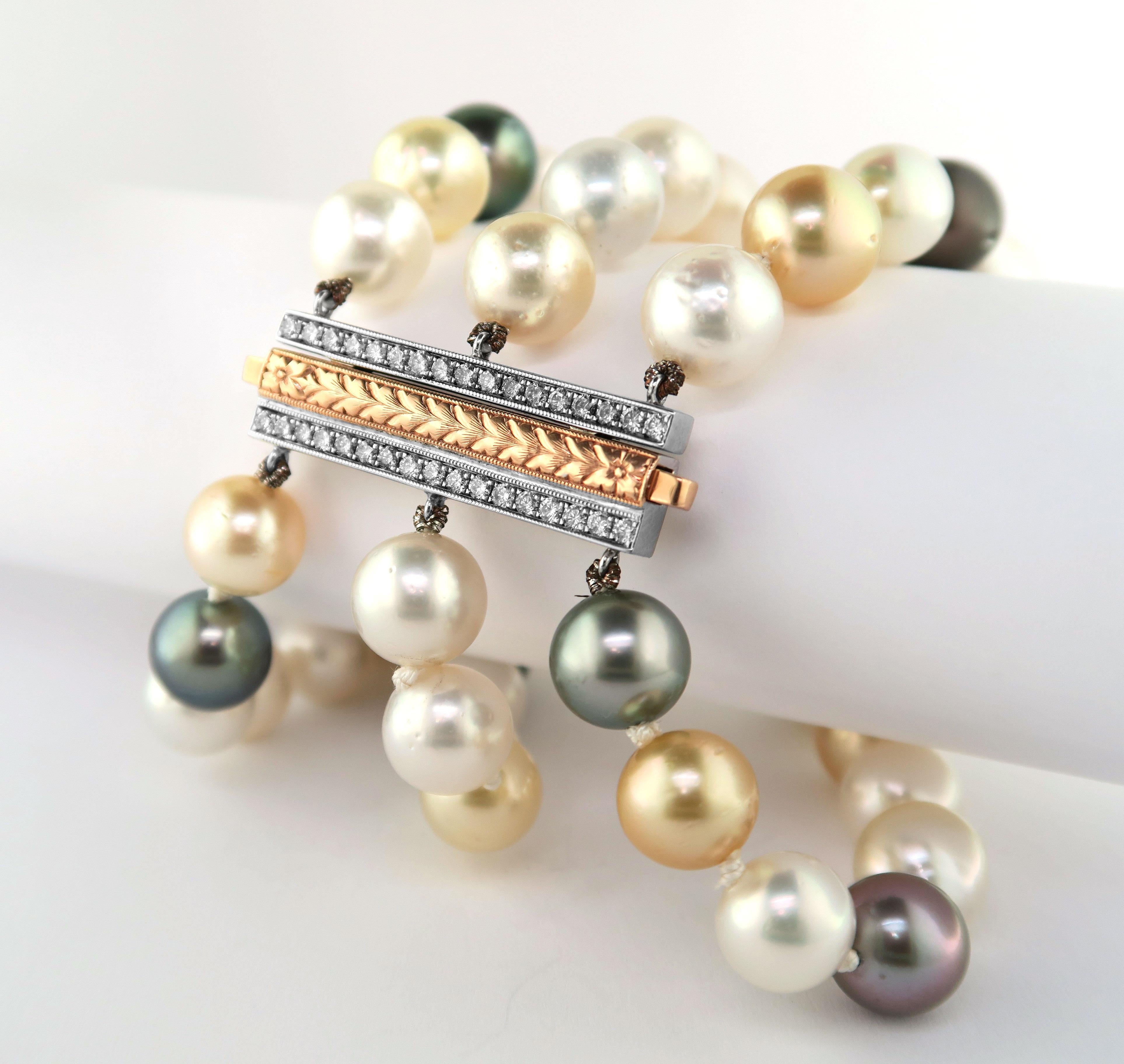 Uncut South Sea Pearl Bracelet, Accented with 0.77ct. White Diamonds Set in 18KW/RG For Sale