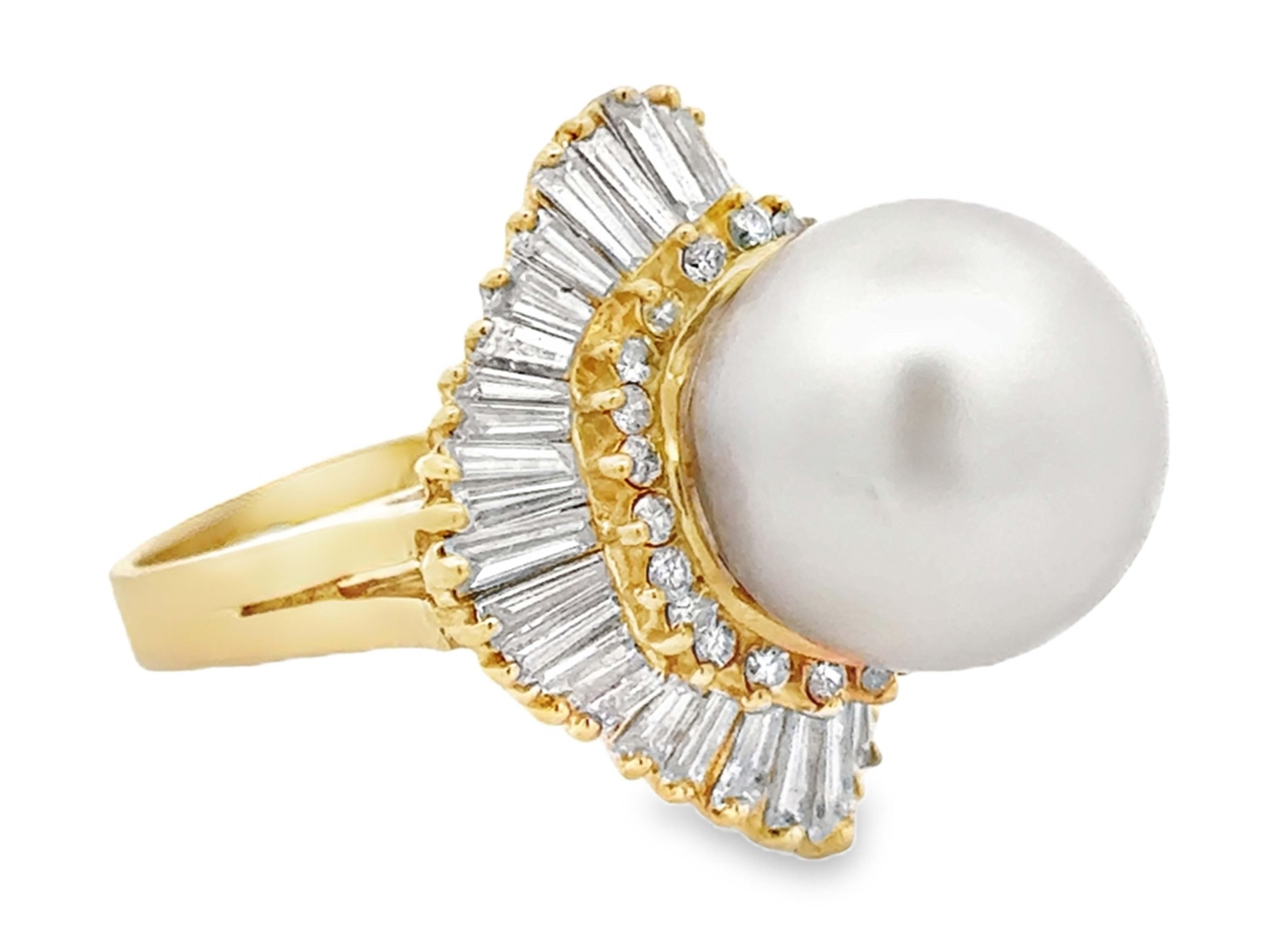 Modern South Sea Pearl Brilliant and Baguette Diamond Halo Ballerina Ring 14k Gold For Sale