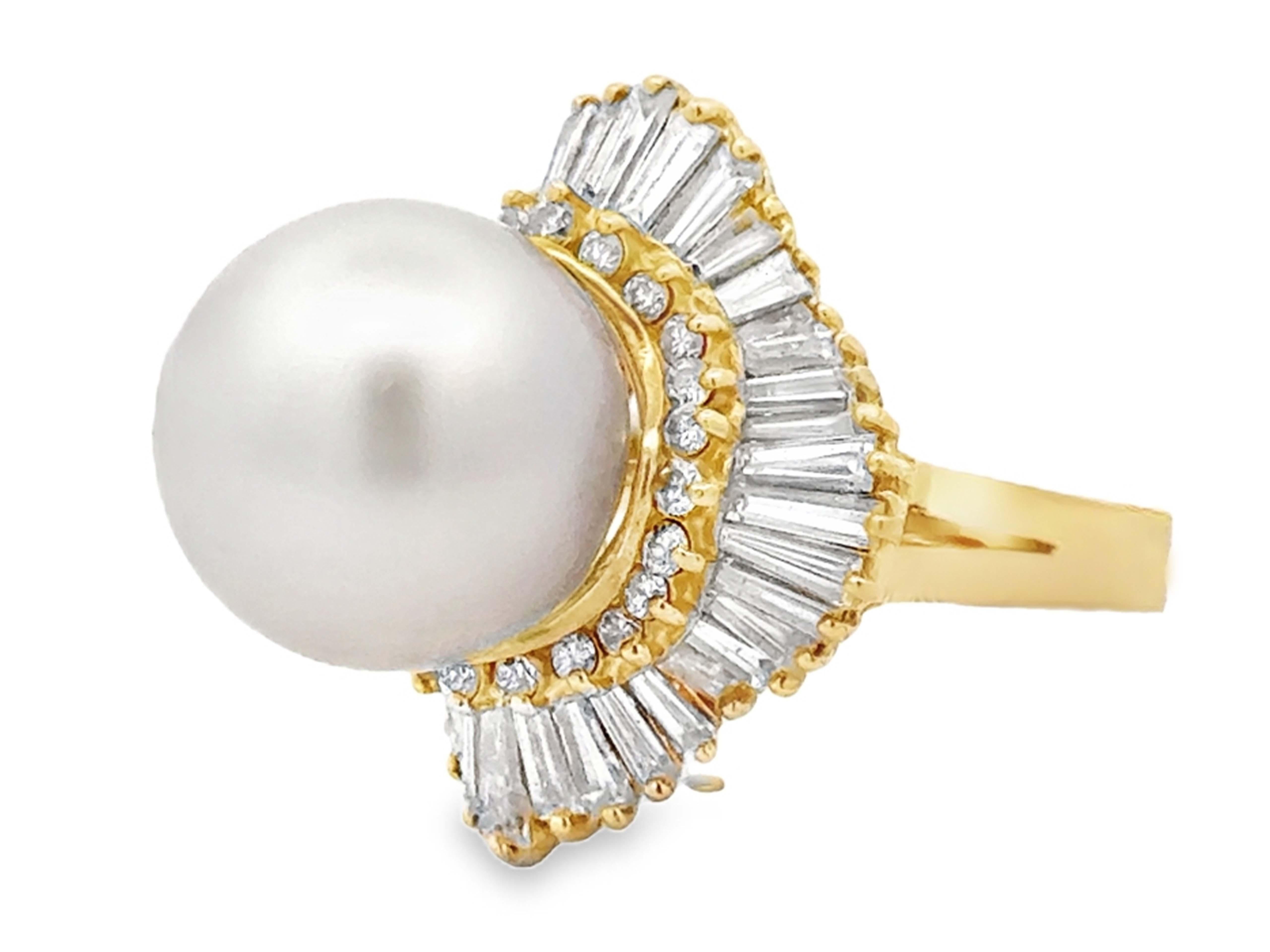 Round Cut South Sea Pearl Brilliant and Baguette Diamond Halo Ballerina Ring 14k Gold For Sale