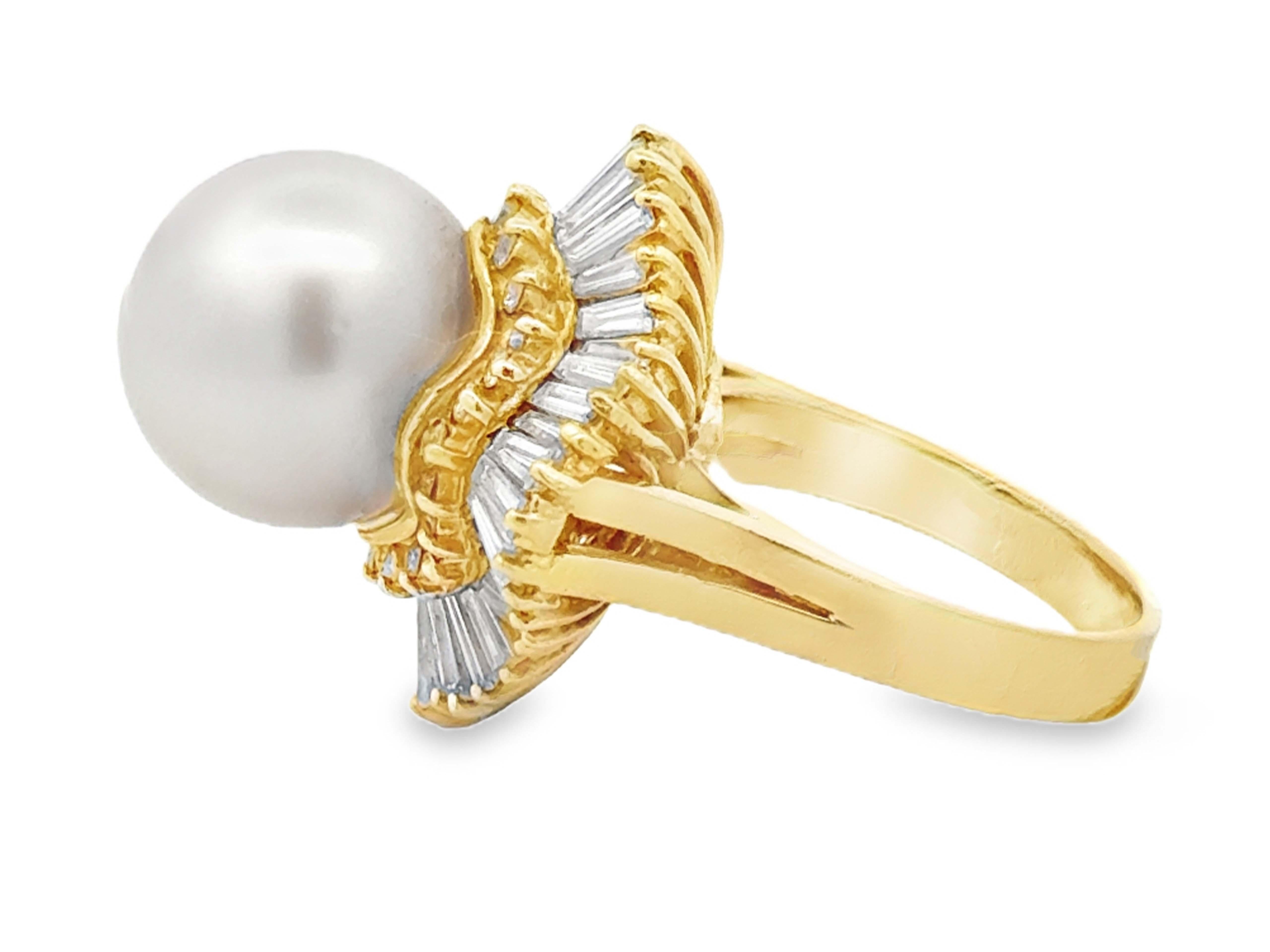 Women's South Sea Pearl Brilliant and Baguette Diamond Halo Ballerina Ring 14k Gold For Sale