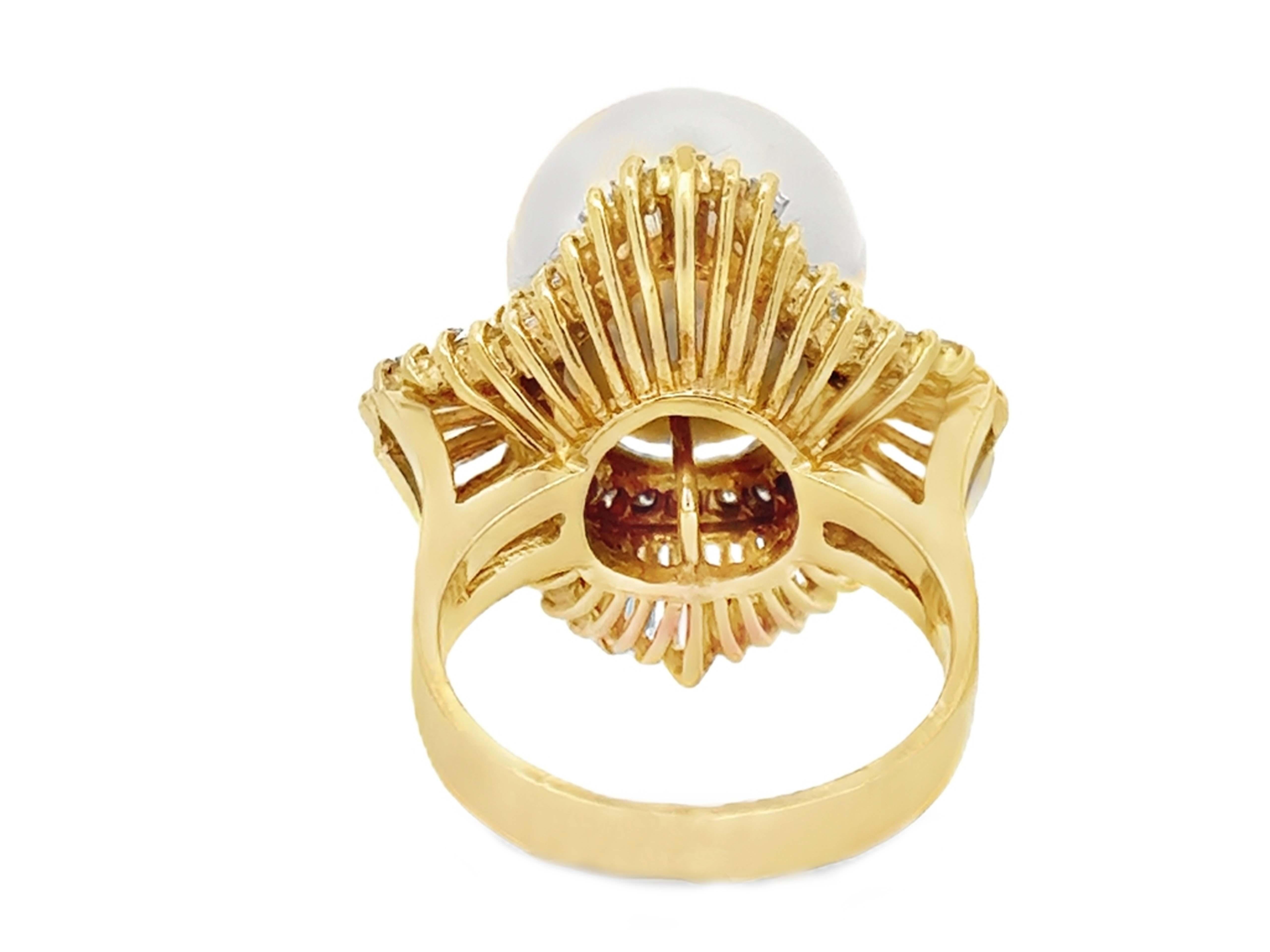 South Sea Pearl Brilliant and Baguette Diamond Halo Ballerina Ring 14k Gold For Sale 1