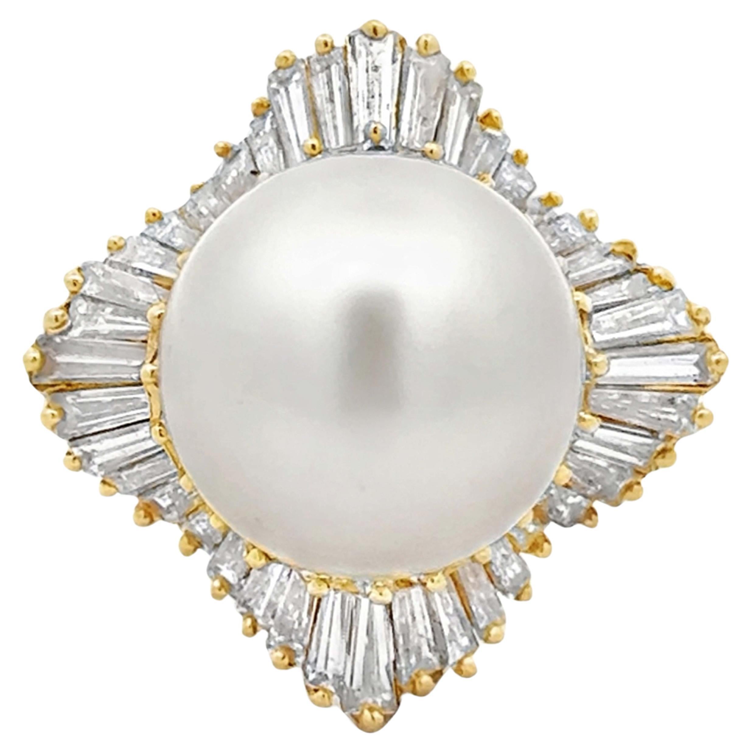 Perla del Mar del Sur Brillante y Diamante Baguette Halo Anillo Bailarina Oro 14k