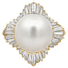 Perla del Mar del Sur Brillante y Diamante Baguette Halo Anillo Bailarina Oro 14k
