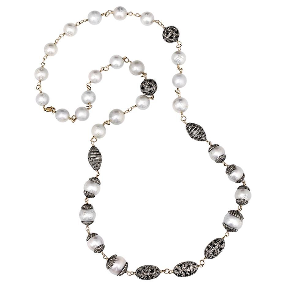 South Sea Pearl Brown Diamond Gold and Silver Long Chain Necklace For Sale