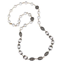 South Sea Pearl Brown Diamond Gold and Silver Long Chain Necklace