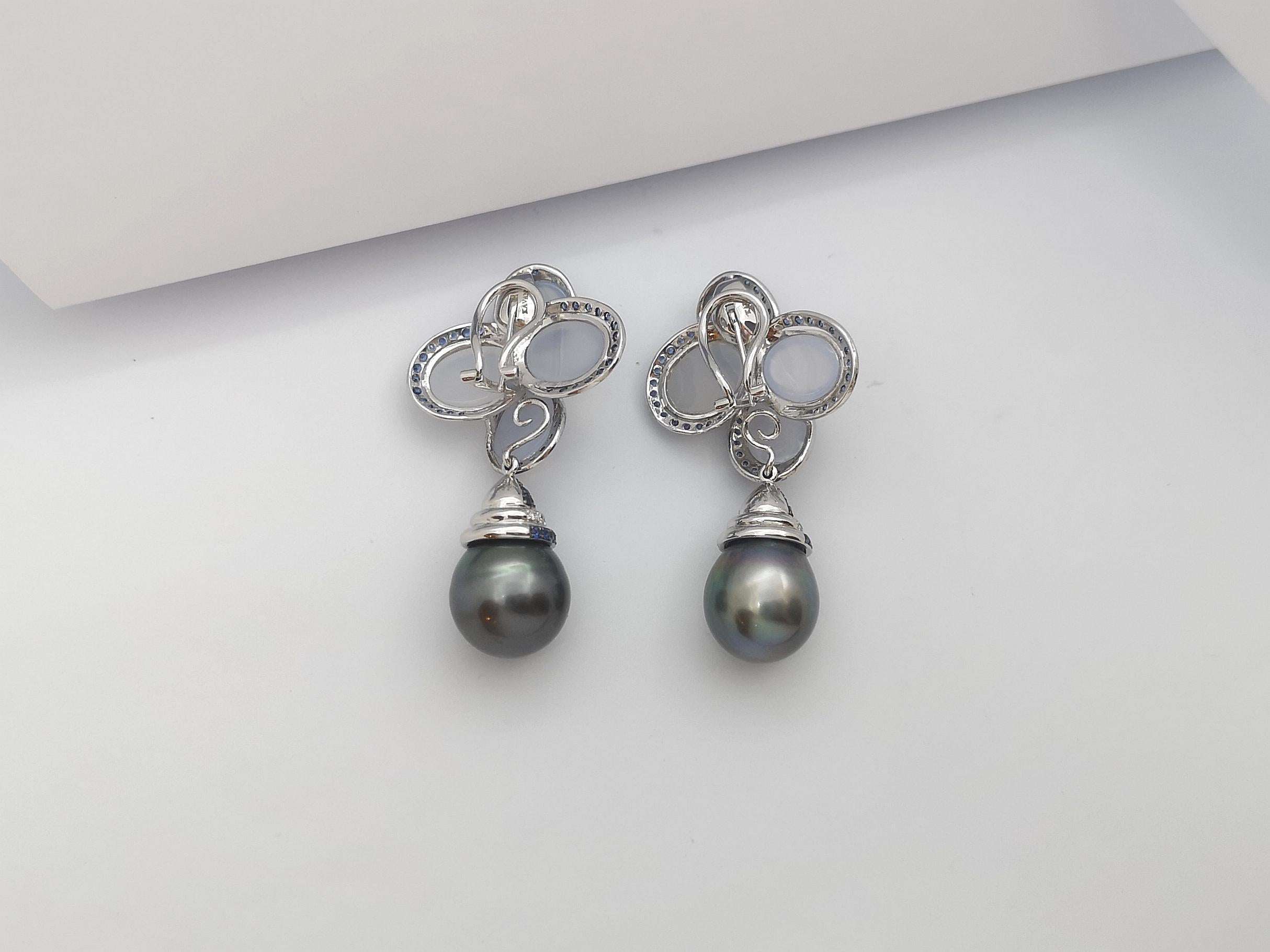 South Sea Pearl, Chalcedony, Blue Sapphire Earrings Set in 18 Karat White Gold For Sale 4