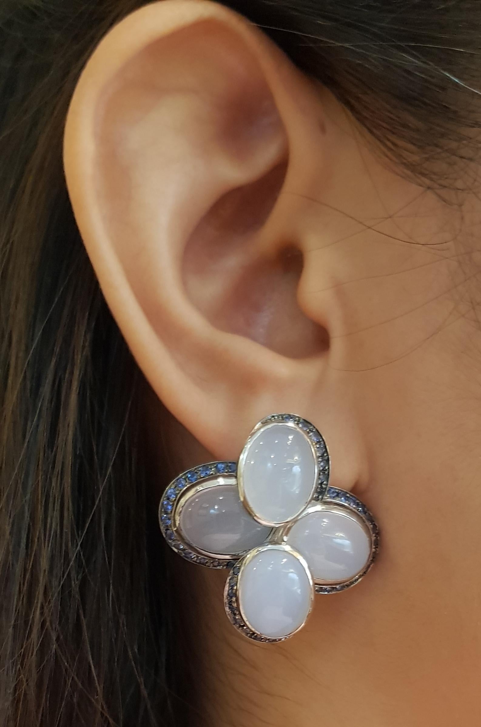 Contemporary South Sea Pearl, Chalcedony, Blue Sapphire Earrings Set in 18 Karat White Gold For Sale
