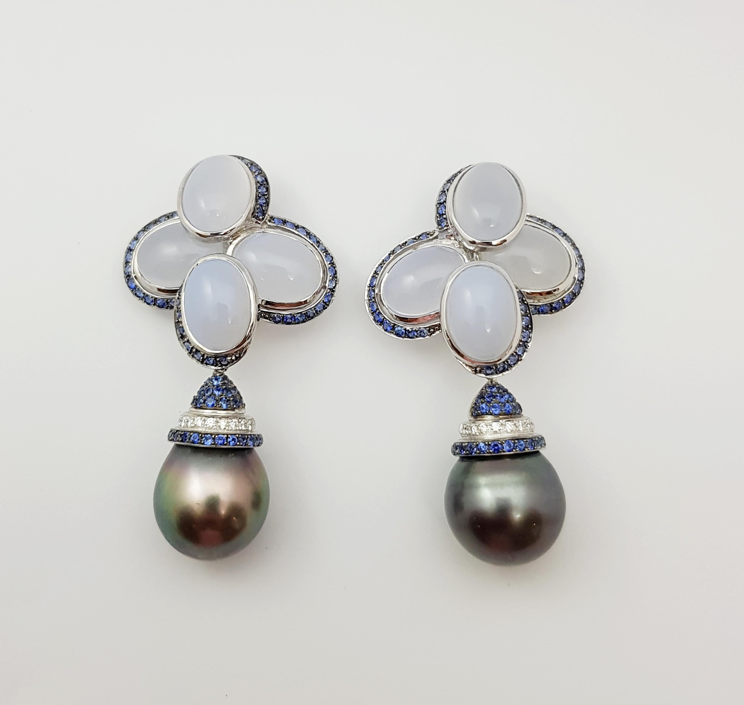 Contemporary South Sea Pearl, Chalcedony, Blue Sapphire Earrings Set in 18 Karat White Gold For Sale