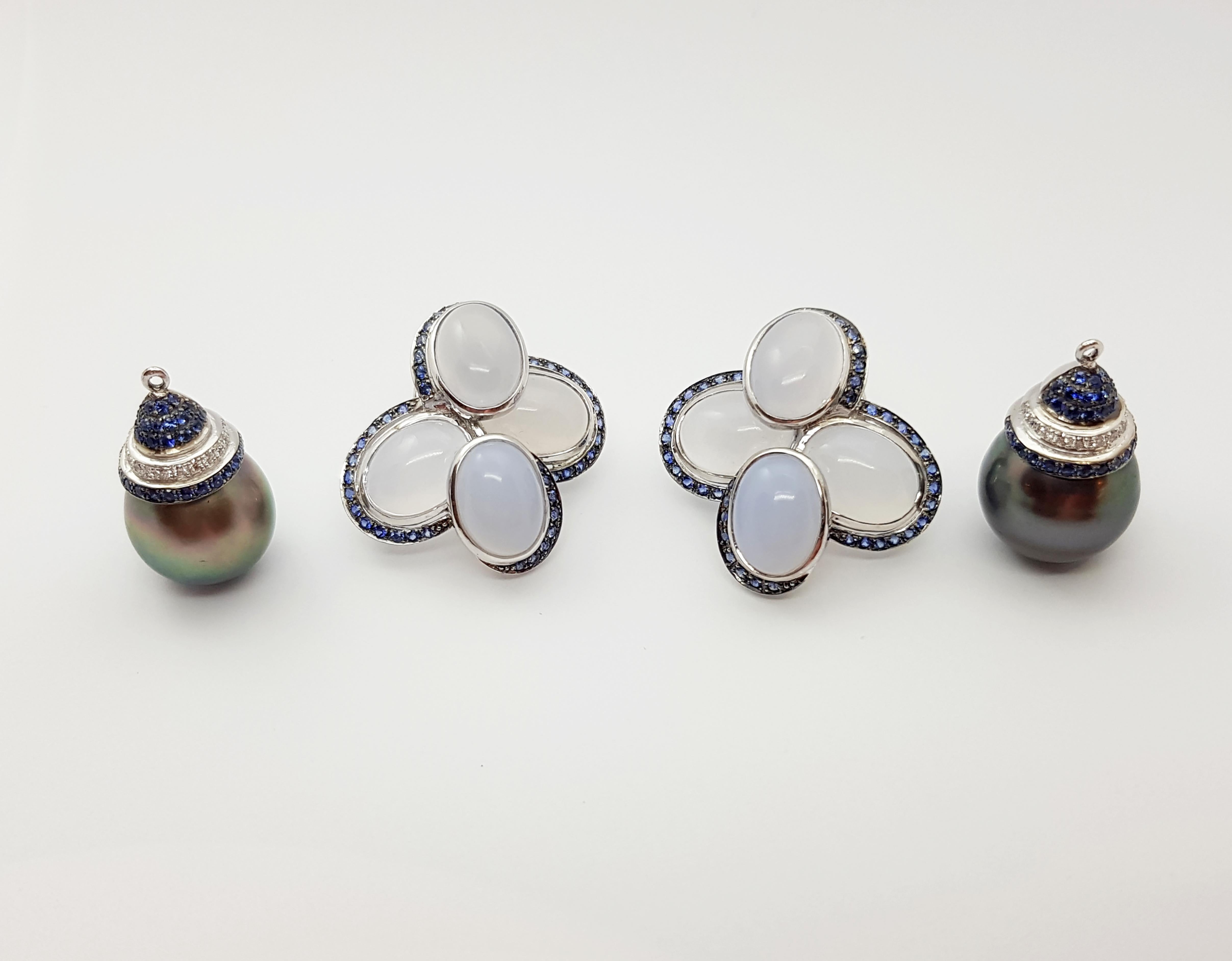 South Sea Pearl, Chalcedony, Blue Sapphire Earrings Set in 18 Karat White Gold In New Condition For Sale In Bangkok, TH