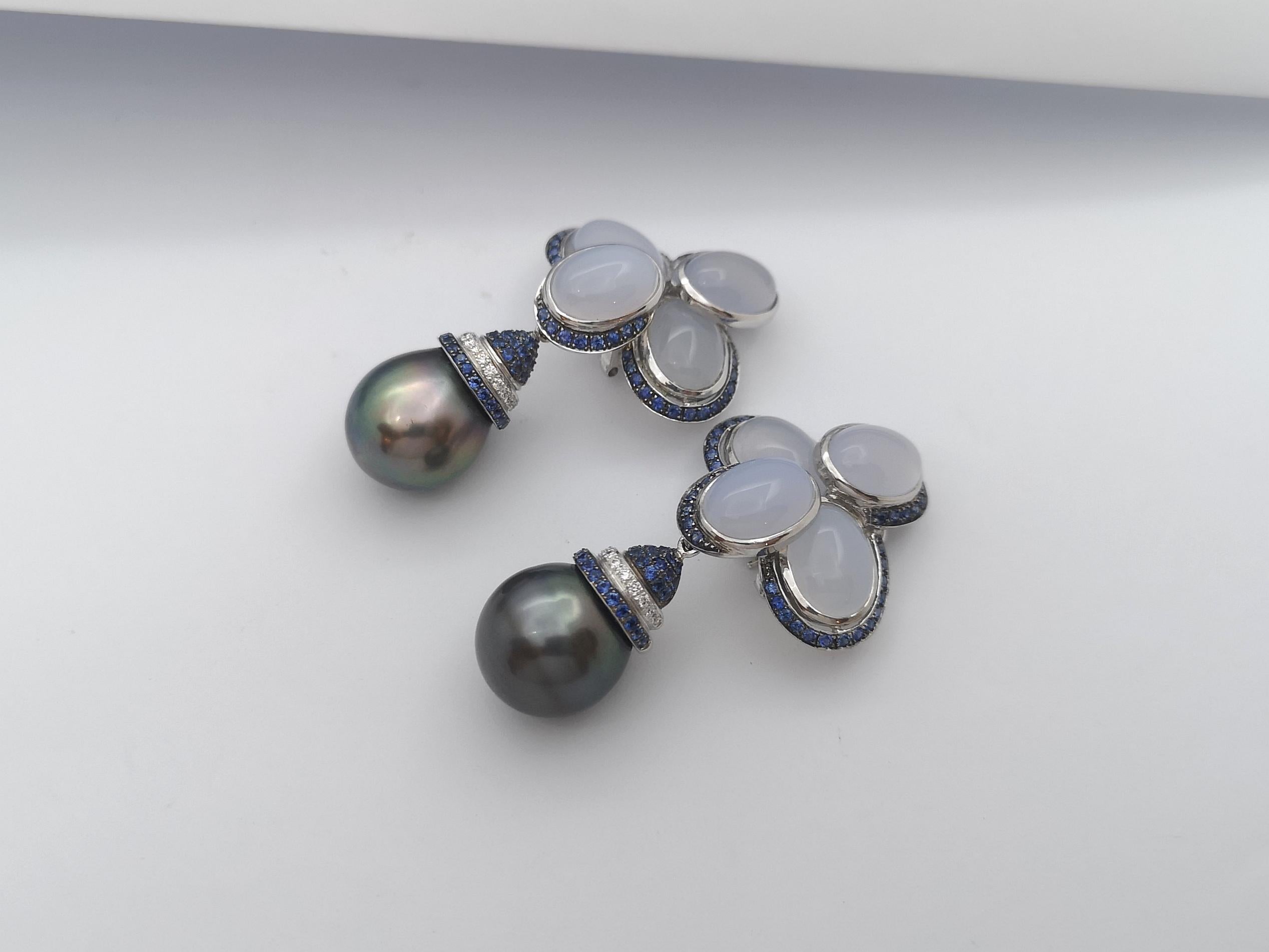 Women's South Sea Pearl, Chalcedony, Blue Sapphire Earrings Set in 18 Karat White Gold For Sale