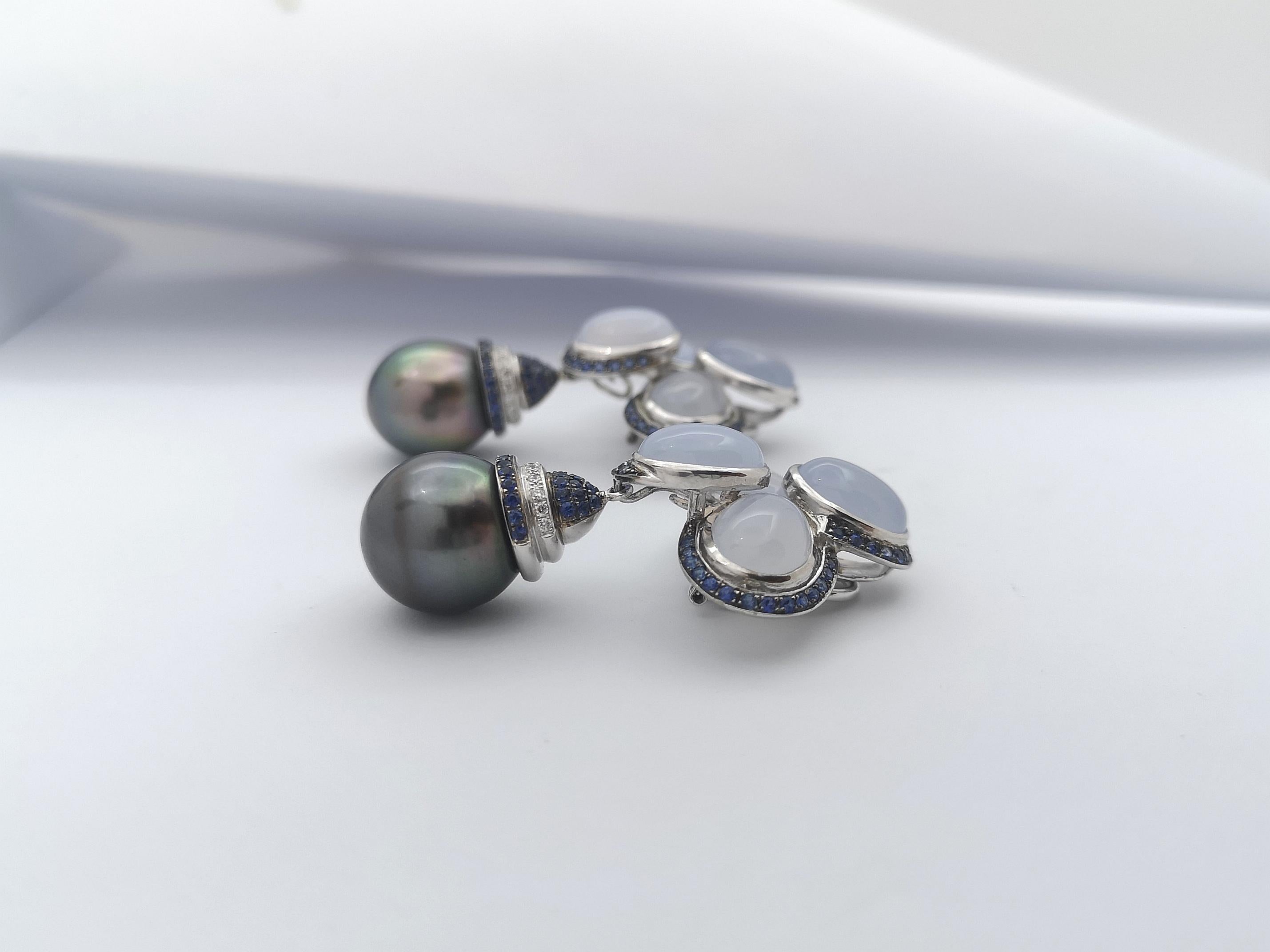 South Sea Pearl, Chalcedony, Blue Sapphire Earrings Set in 18 Karat White Gold For Sale 1