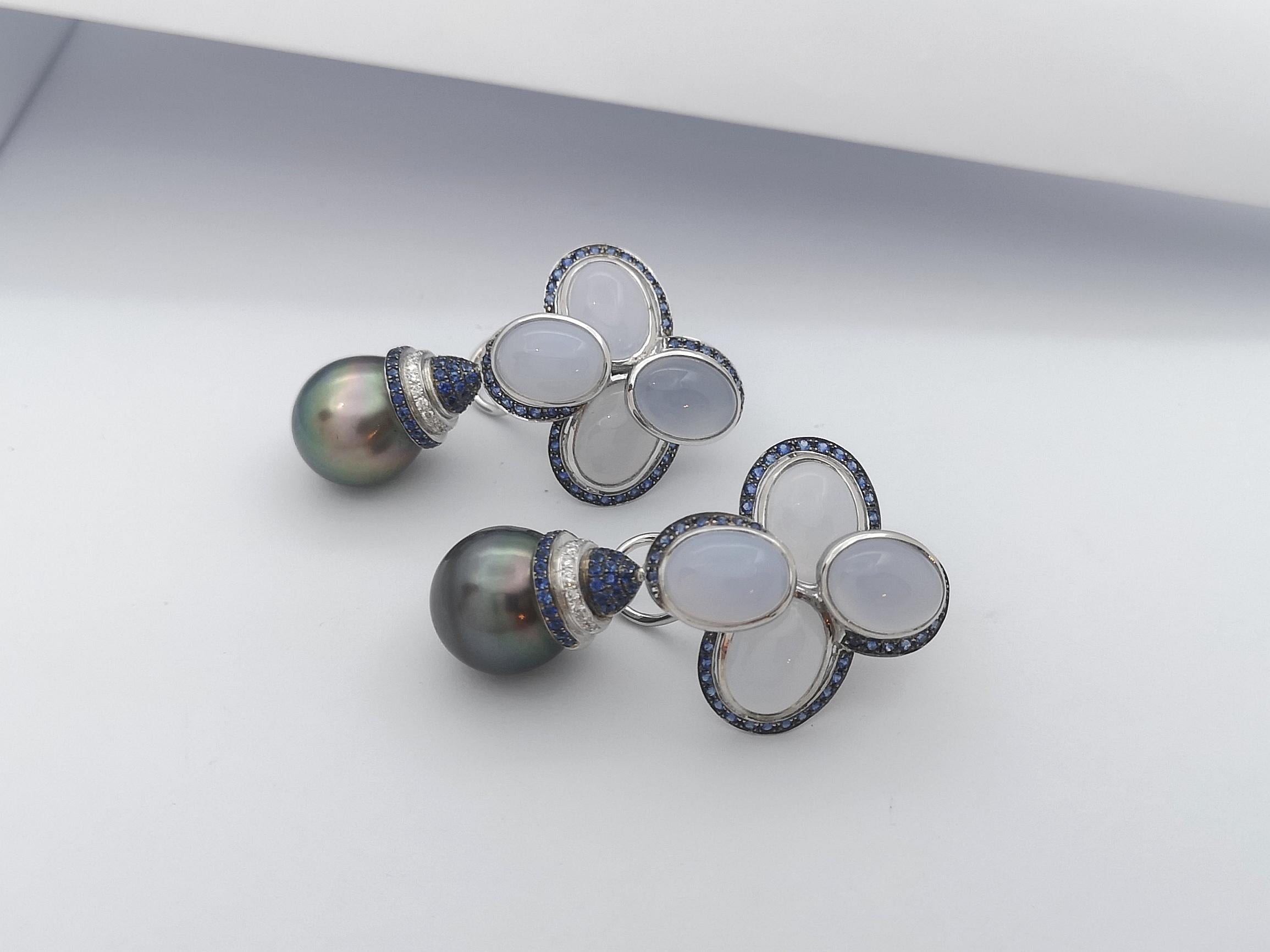 South Sea Pearl, Chalcedony, Blue Sapphire Earrings Set in 18 Karat White Gold For Sale 2