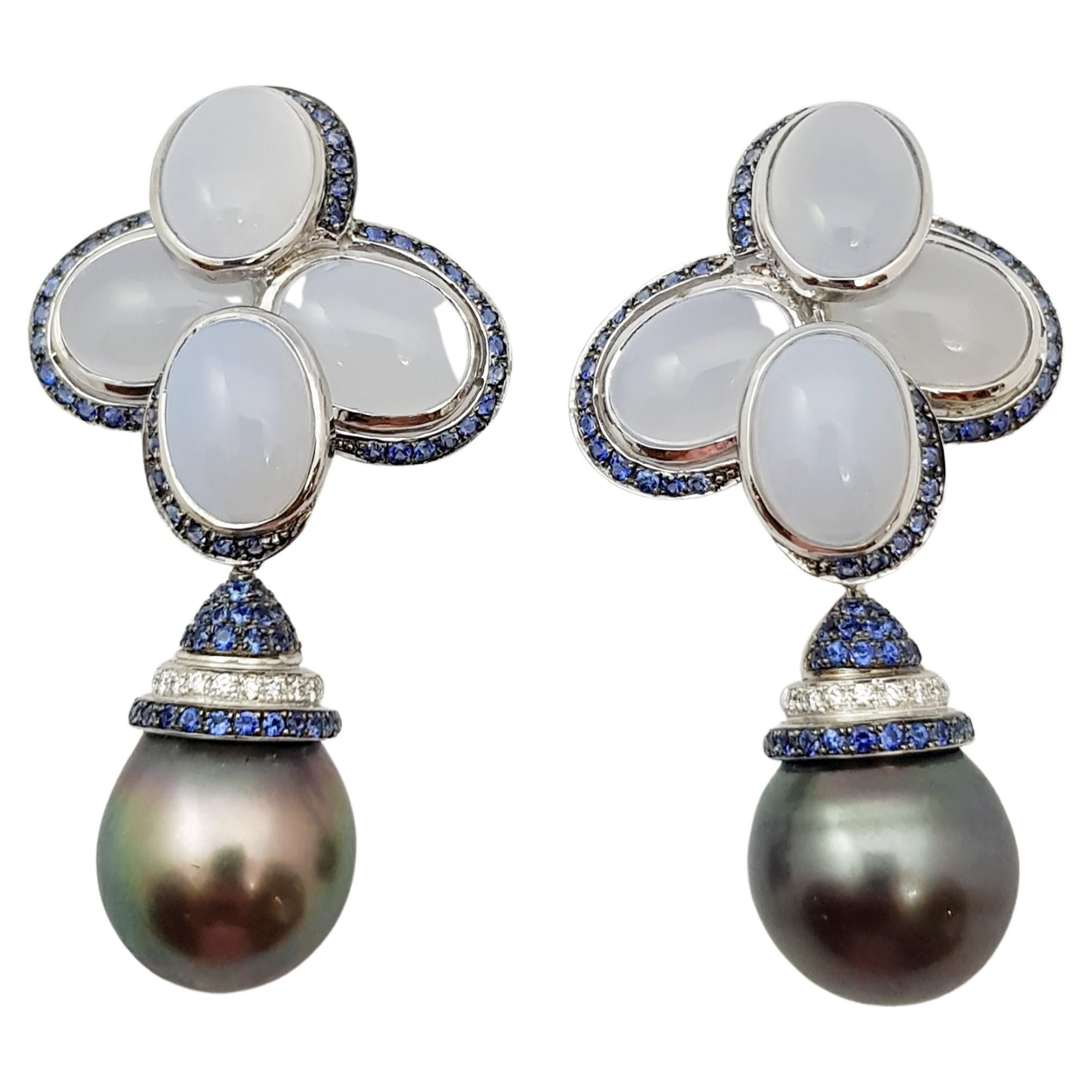 South Sea Pearl, Chalcedony, Blue Sapphire Earrings Set in 18 Karat White Gold For Sale