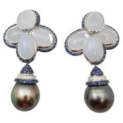 South Sea Pearl, Chalcedony, Blue Sapphire Earrings Set in 18 Karat White Gold