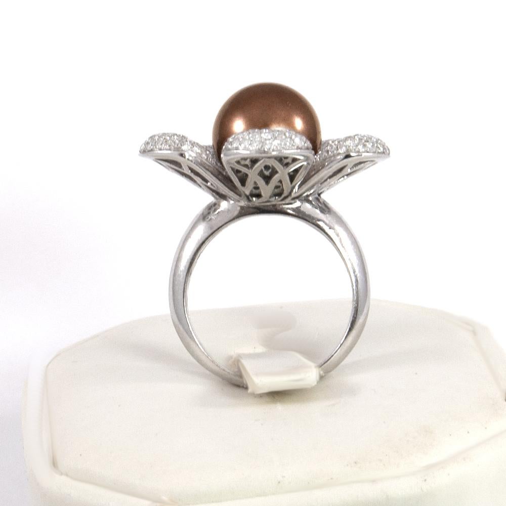 Contemporary South Sea Pearl Chocolate Color Floral Ring with Diamonds in 18 Karat White Gold For Sale