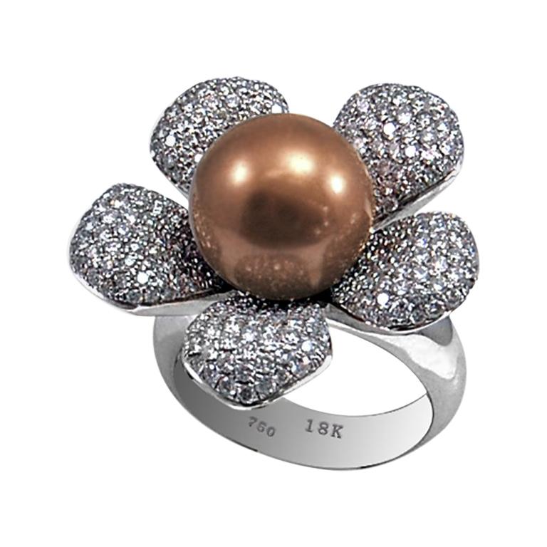 South Sea Pearl Chocolate Color Floral Ring with Diamonds in 18 Karat White Gold For Sale